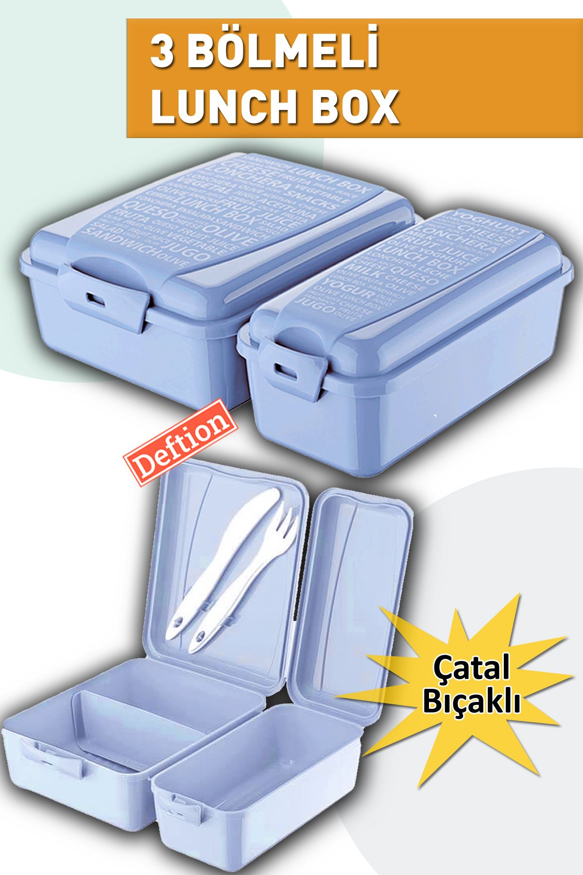 Deftion Mavi 3 Bölmeli Çatal Kaşıklı Lunch Box Beslenme Kutusu Çantası Lunchbox Yemek Seti