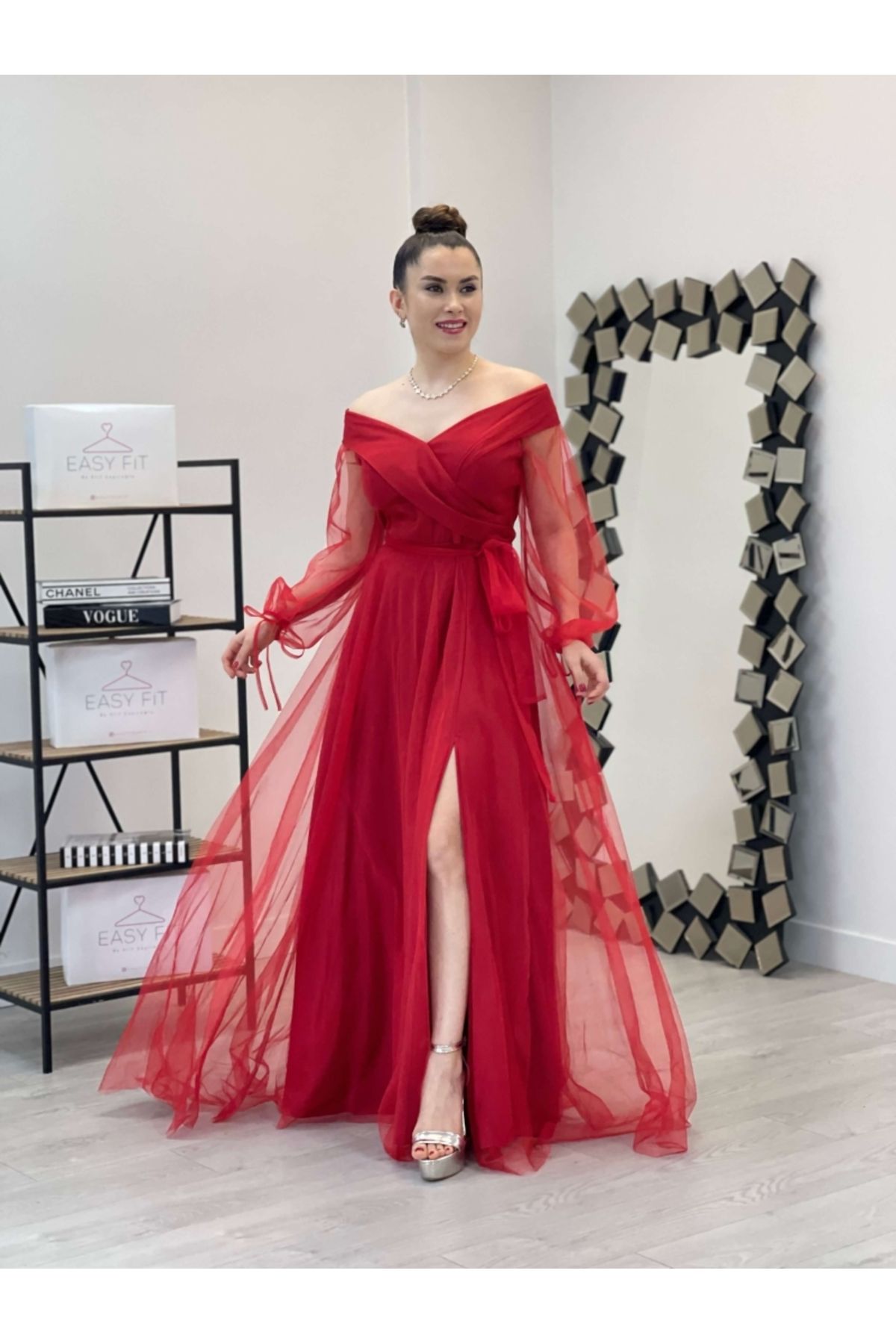 giyimmasalı Kayık Yaka Tül Elbise - Kırmızı