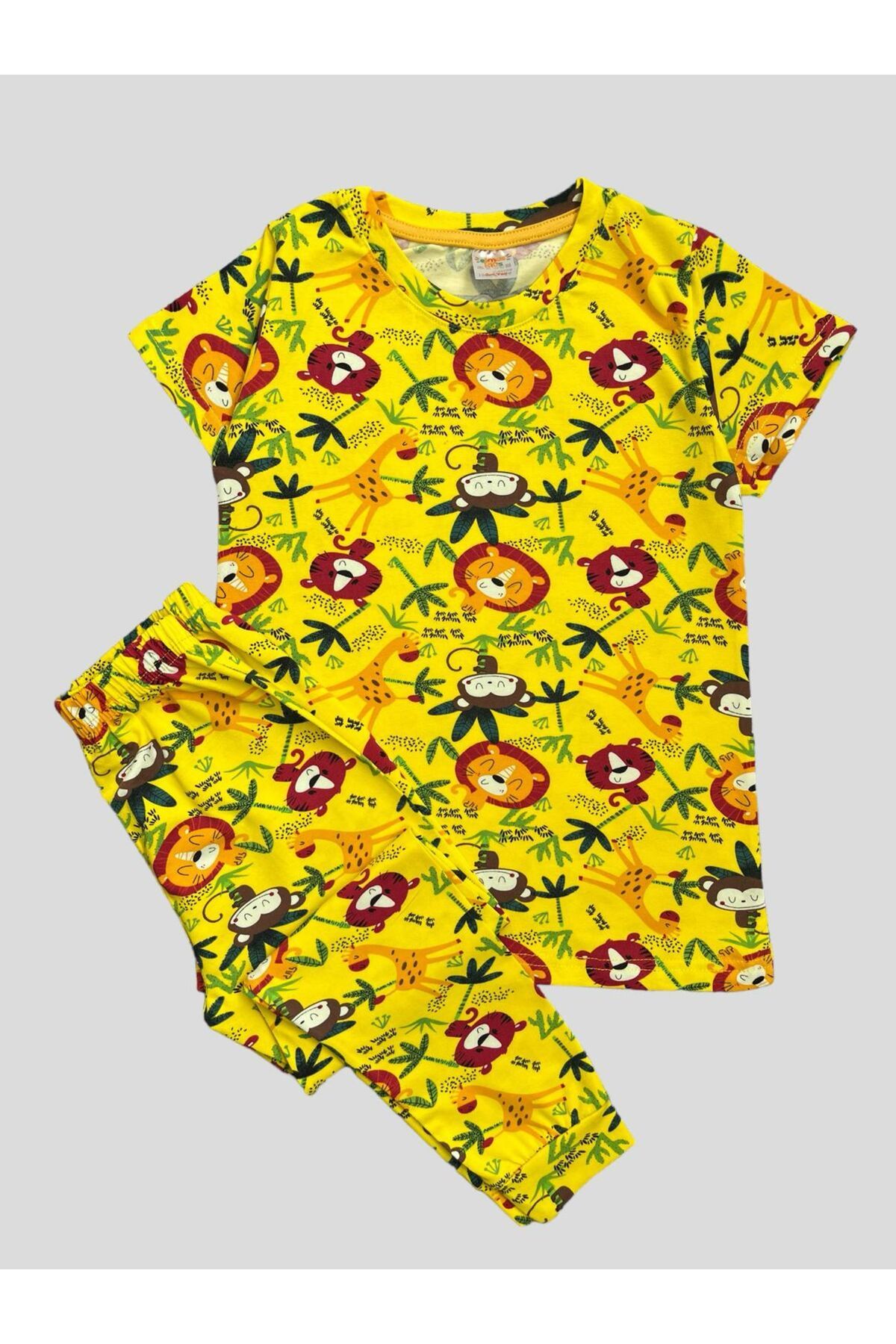 elmas kids Erkek Çocuk %100 Pamuklu Safari Desenli Sarı Kısa Kollu Yazlık Pijama Takımı