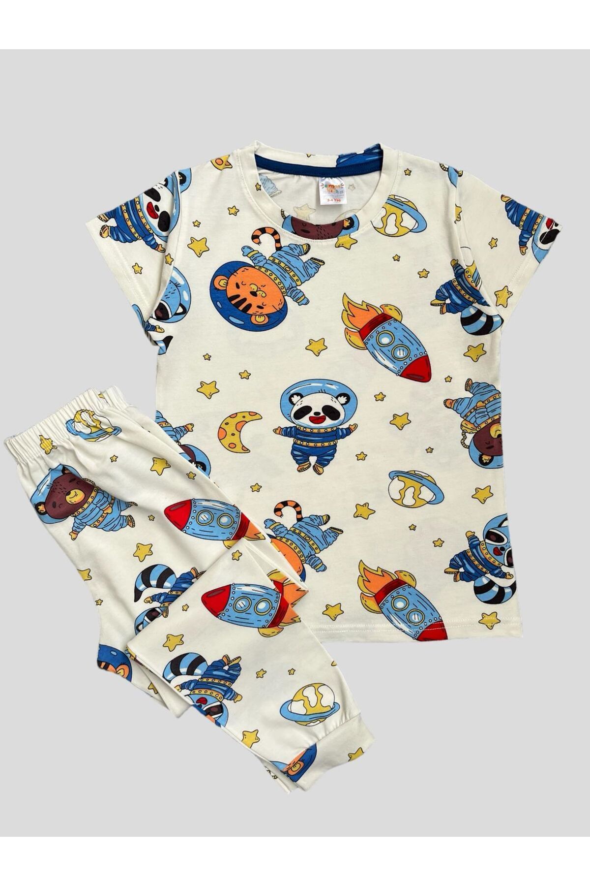 elmas kids Erkek Çocuk %100 Pamuklu Astronot Hayvanlar Desenli Kısa Kollu Yazlık Pijama Takımı