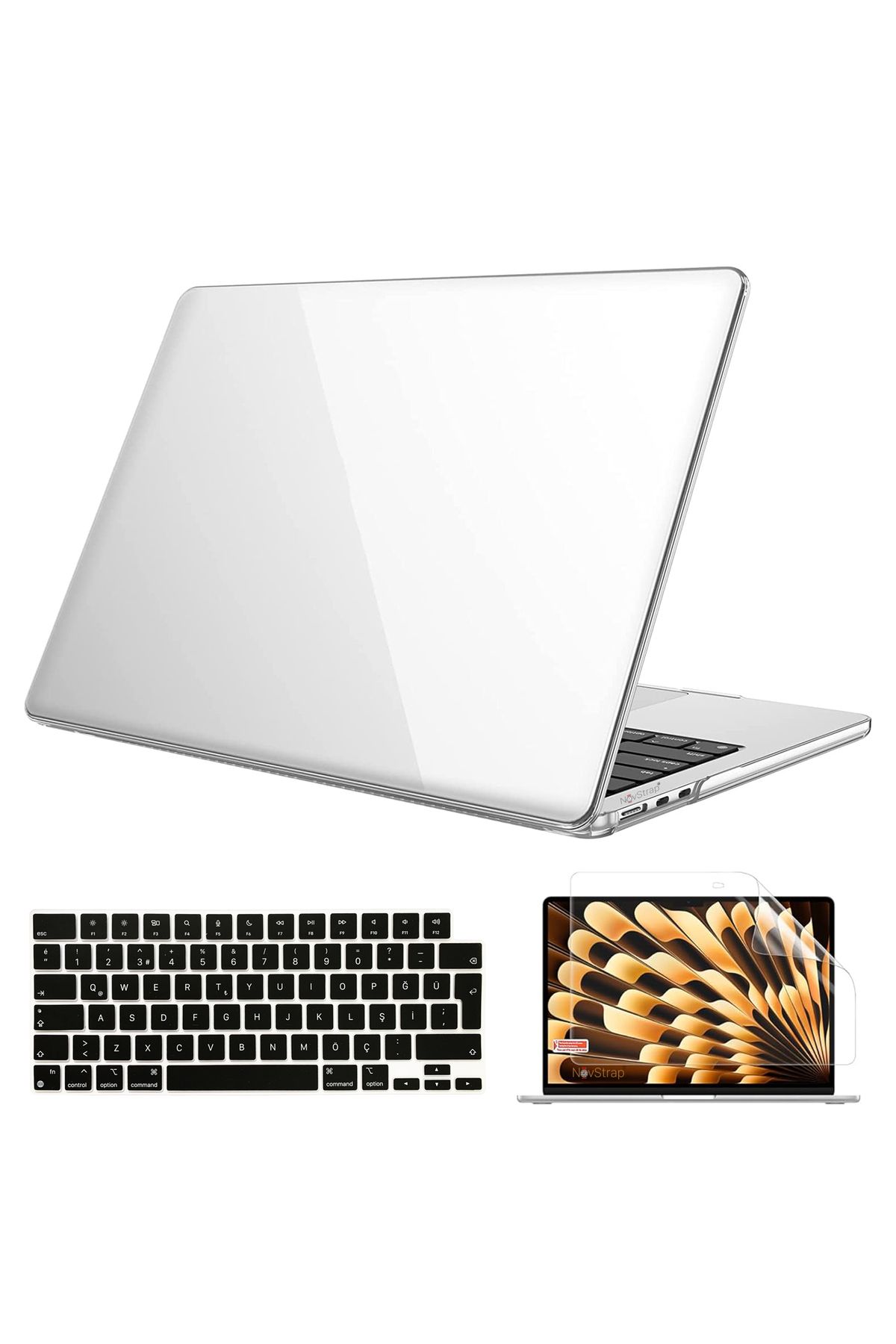 NovStrap Apple Macbook Air M3 Çip 13.6 inç A3113 ile Uyumlu Parlak Kılıf + Siyah Klavye Kılıfı +Film