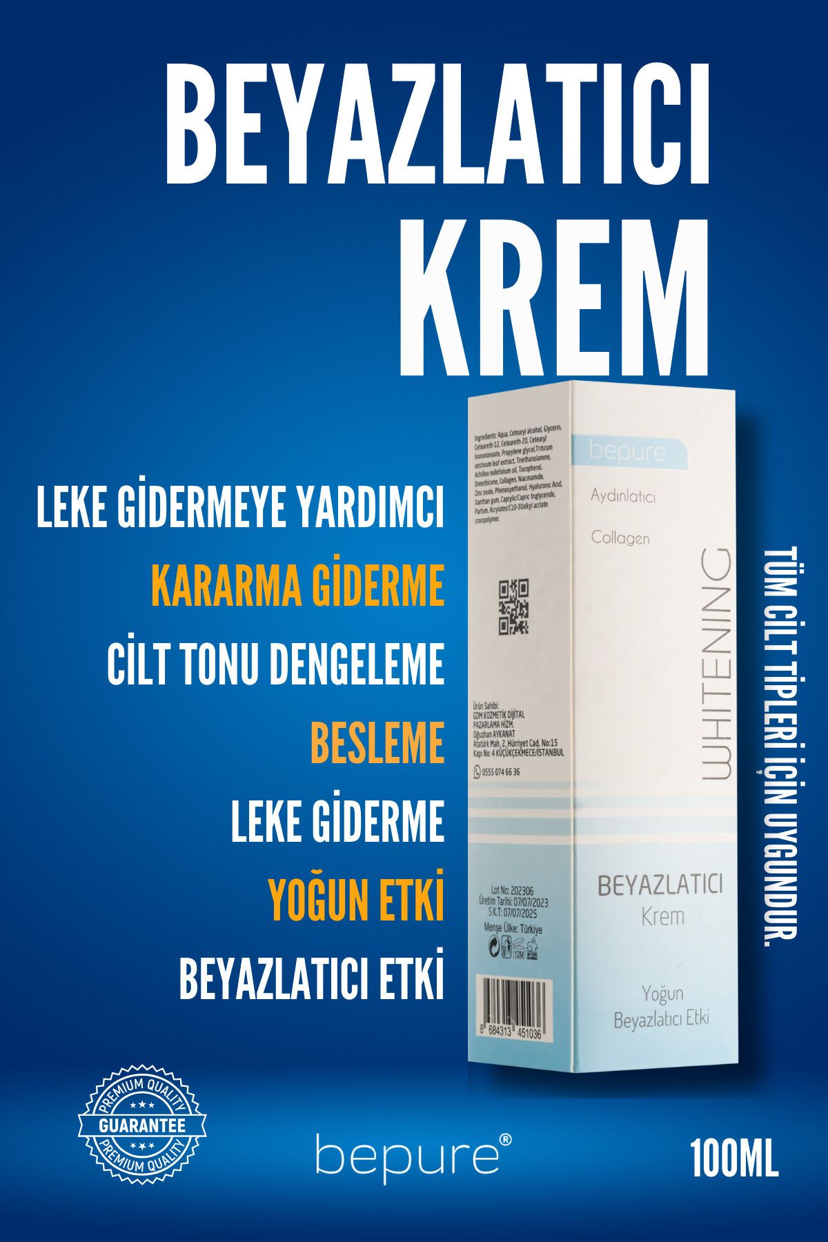 Bepure Beyazlatıcı Krem, Yüz, Vücut Ve Genital Bölge Için Leke Ve Kararma Giderici Krem, Whitening 100 ml