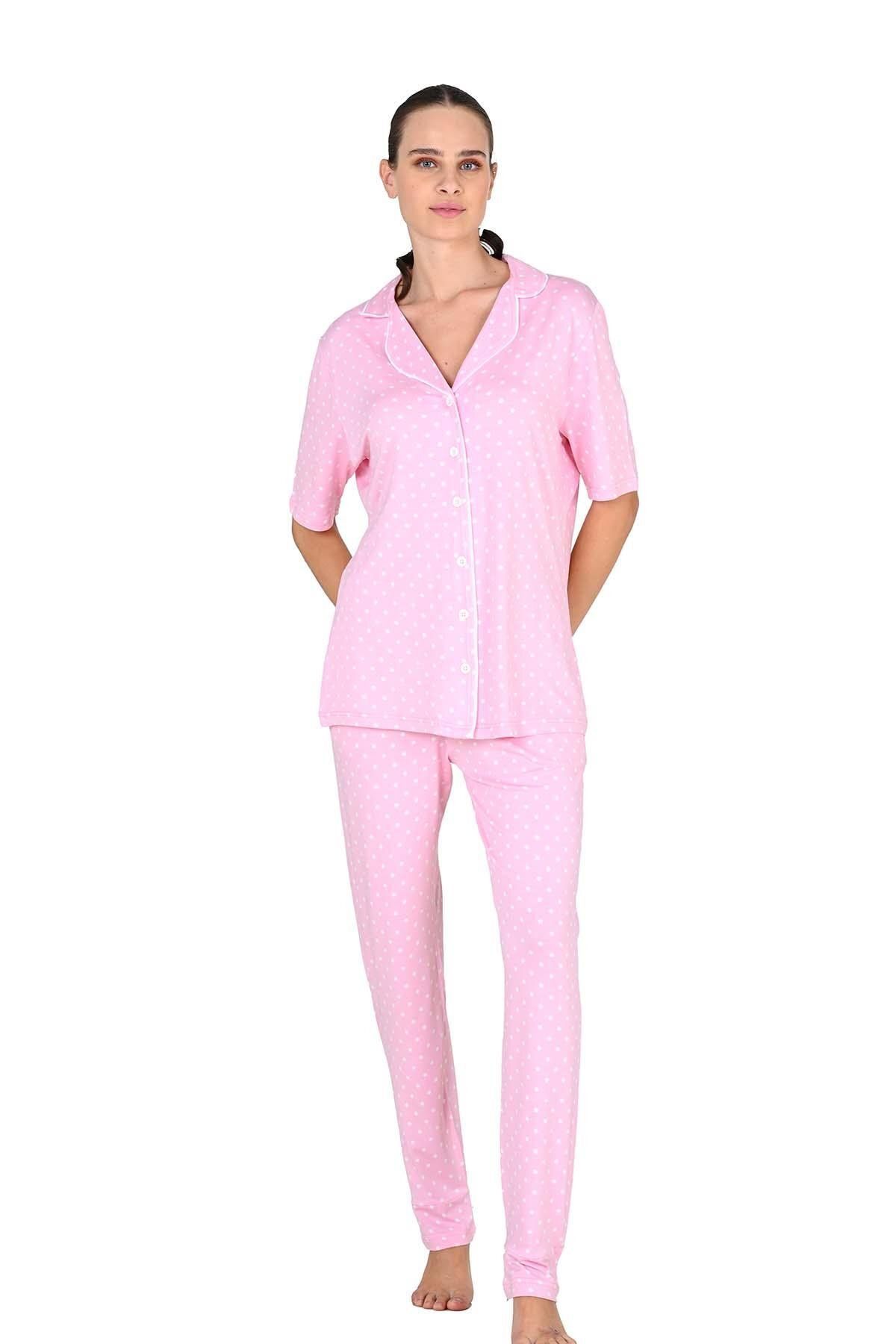 Jiber Kadın Viskoz Düğmeli Pembe Pijama Takımı 10214