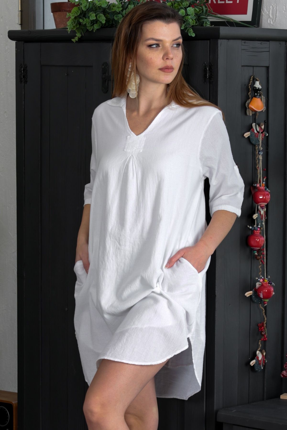 Chiccy Organik Sertifikalı Pamuk Beyaz Gömlek Yaka 3/4 Kol Gizli Cepli Astarlı Dokuma Casual Elbise