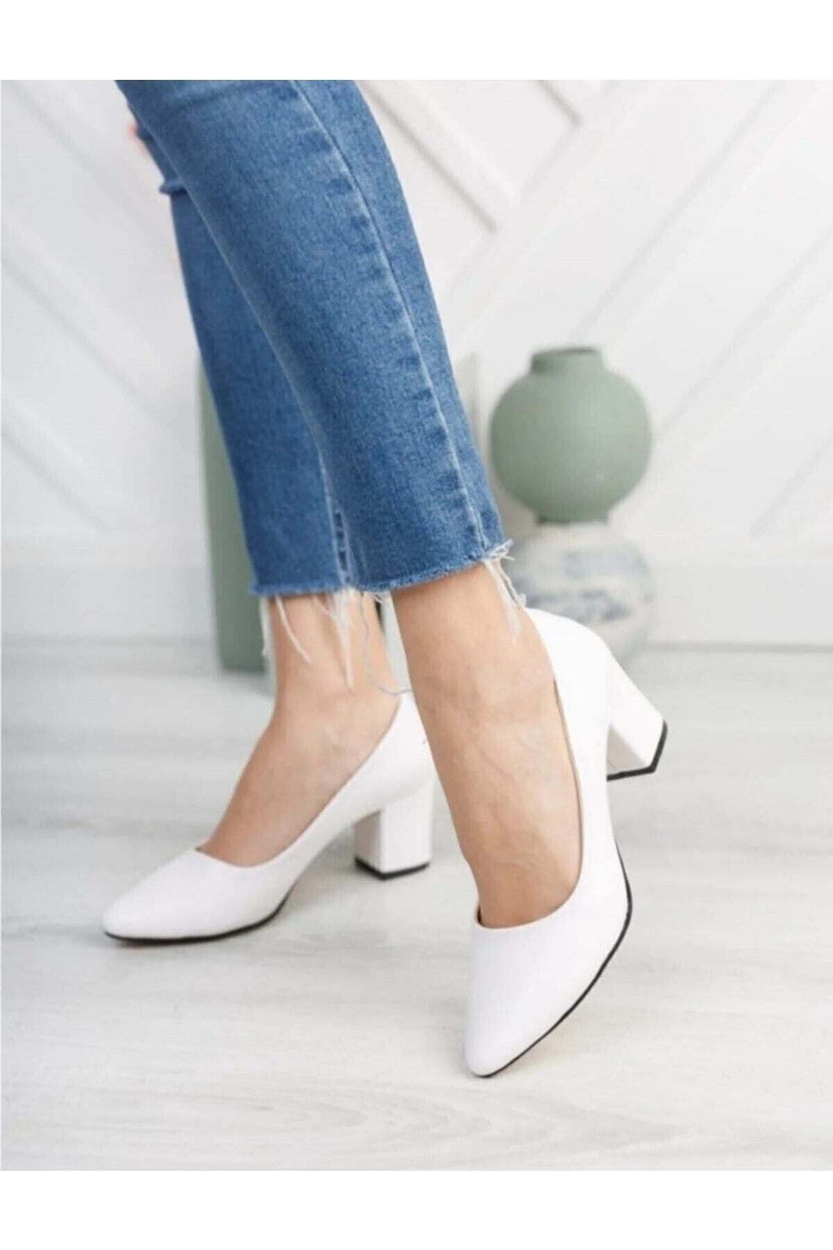 BAY ARMEDON Kadın Ayakkabı Beyaz Cilt Kısa Kalın Topuklu Ayakkabı Abiye Ayakkabı 5cm Klasik Ayakkabı