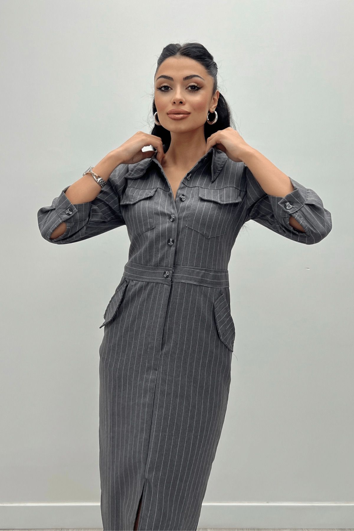 giyimmasalı Poli Viskon Kumaş Çizgi Detaylı Kalem Elbise - GRİ