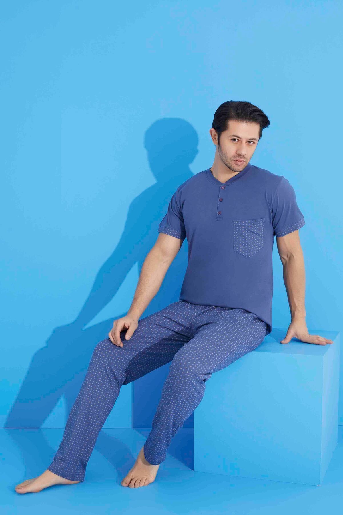 Tarık Erkek İndigo Ekose VE Kare Desenli Kısa Kollu Cepli Penye Kumaş  %100 Pamuk Yazlık Pijama Takımı