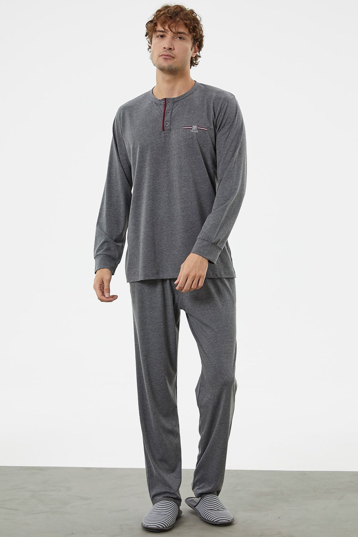 Sementa Patlı Çift Renk Düğmeli Pijama Takımı - Antrasit