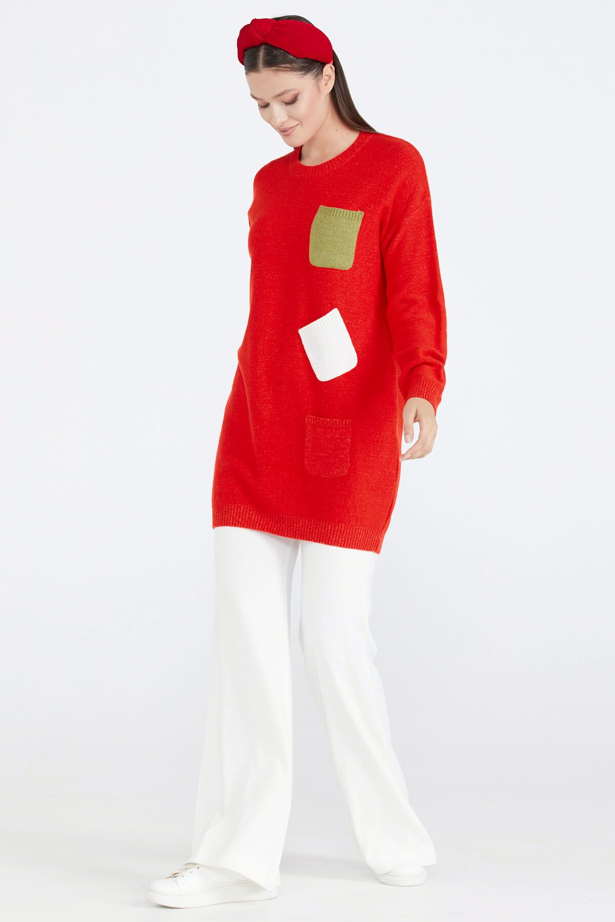 Sementa Kadın Renkli Cep Detaylı Triko Tunik - Kırmızı