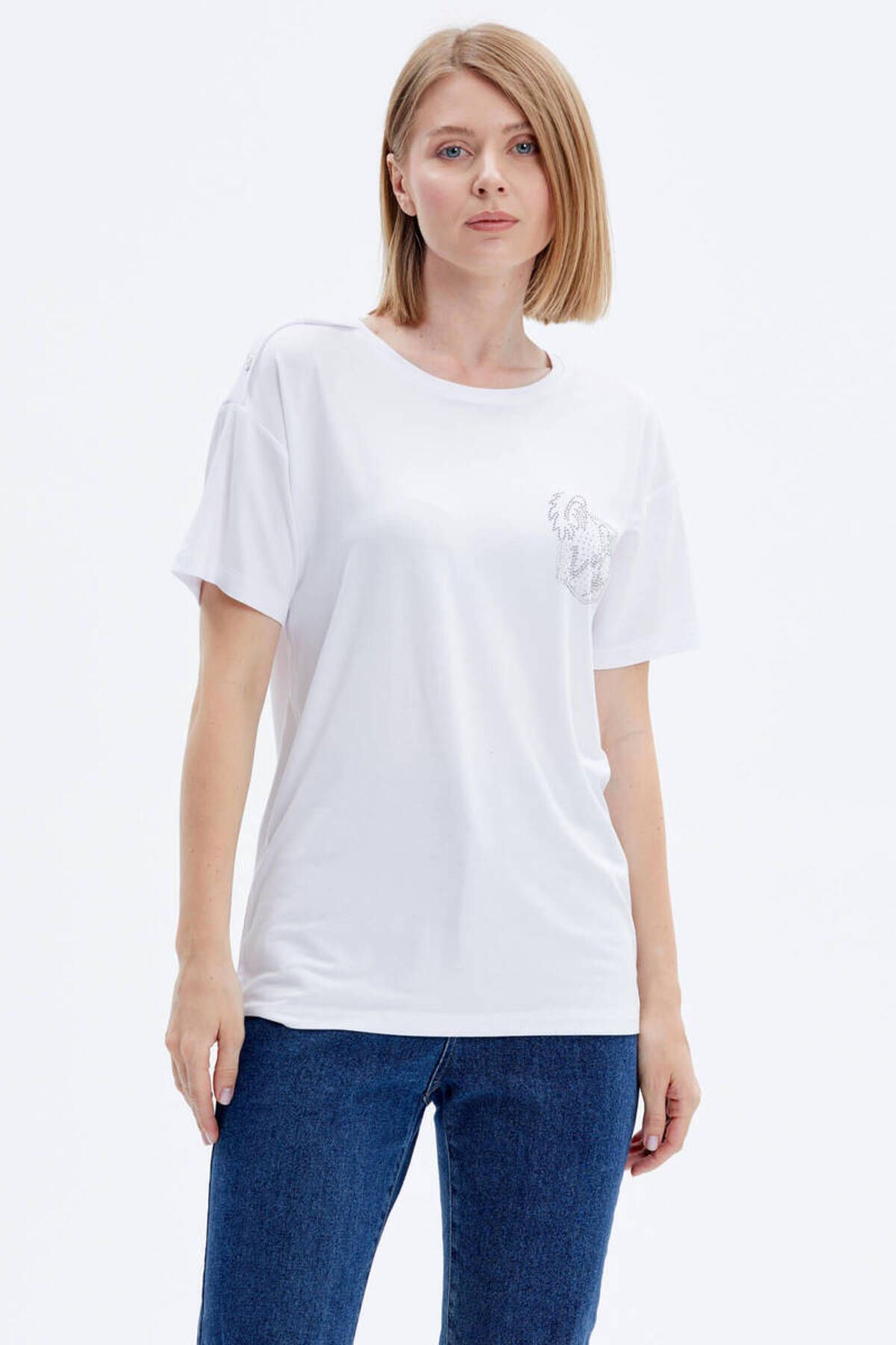 Sementa Taş Detaylı Geniş Kalıp Tshirt - Beyaz