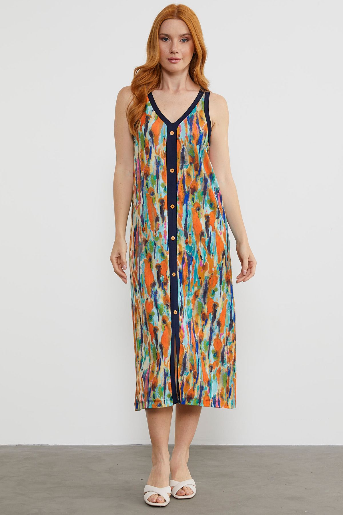 Sementa Askılı Çok Renkli Düğmeli Elbise - Turuncu