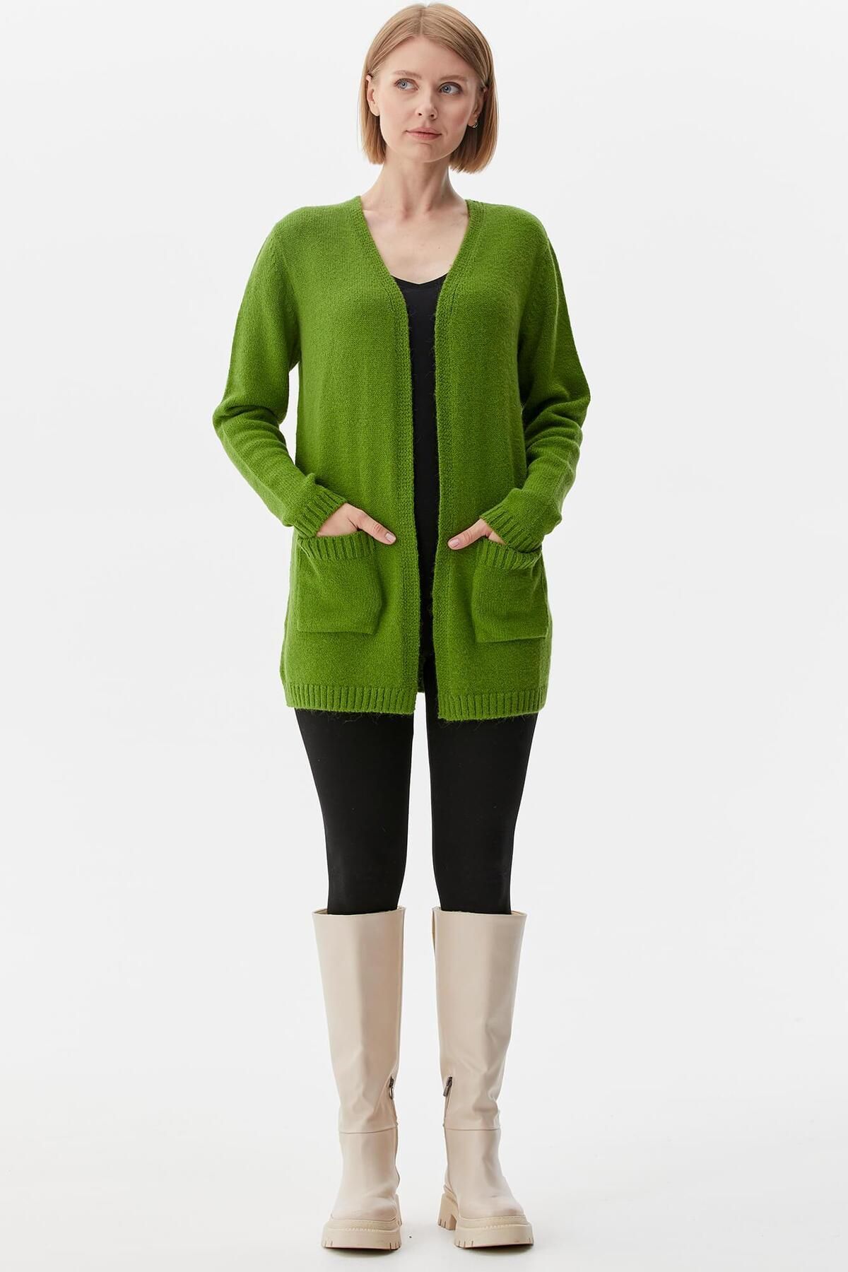 Sementa V Yaka Cepli Kadın Triko Ceket - Yeşil