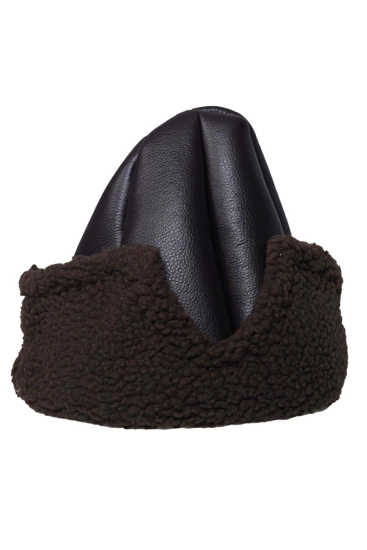 Exve Exclusive Kahverengi'ye Kahverengi Kürk Kenarlı Içi Ful Tam Kürklü Kayı Boyu Börk Şapka