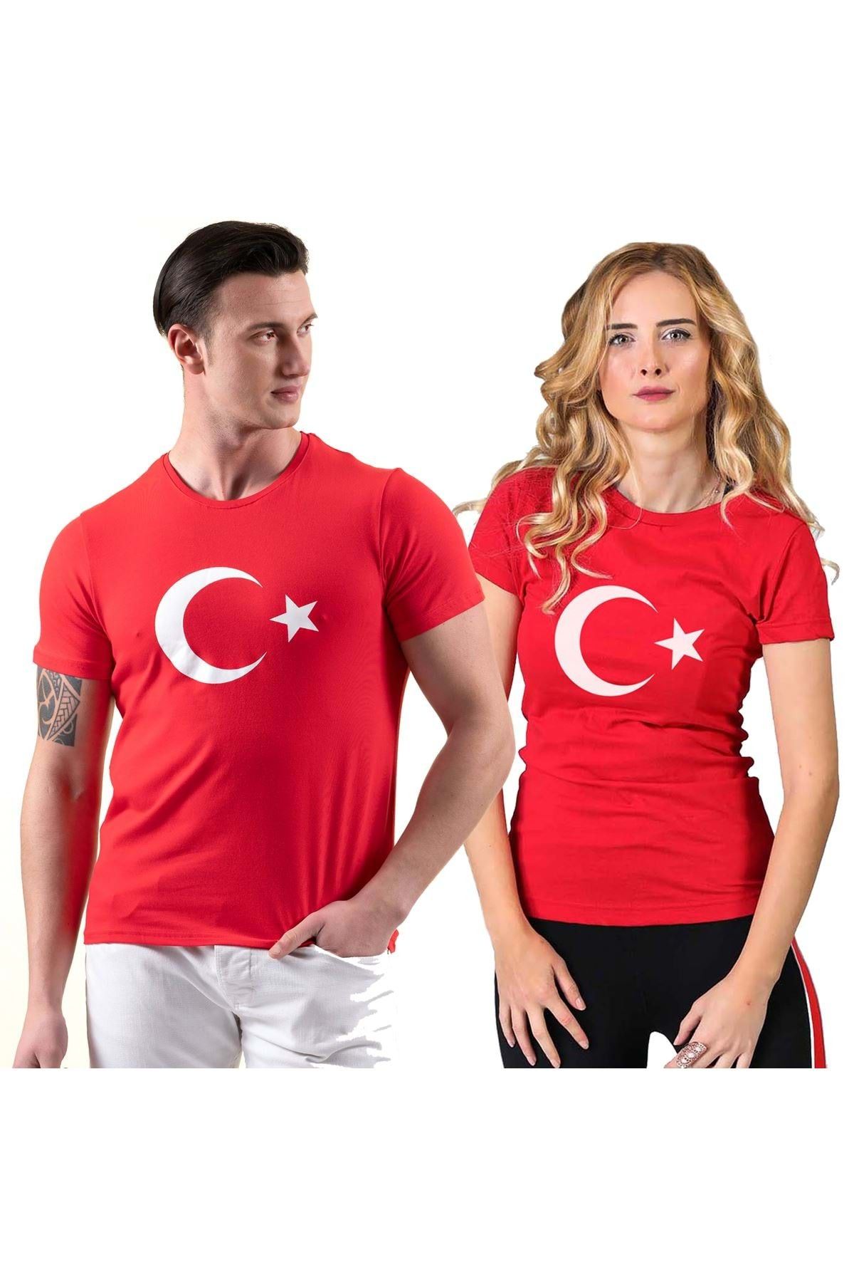 Exve Exclusive Türkiye Kırmızı Beyaz Ay Yıldız Türk Bayrağı Baskılı Bisiklet Yaka Unisex Bayrak Tişört