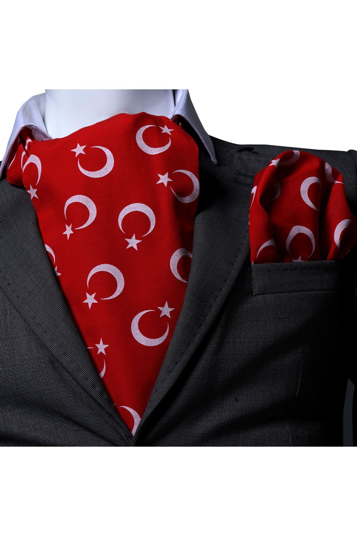 Exve Exclusive Kırmızı üzerine Beyaz Ay Yıldız Baskılı Türk Bayraklı Pamuk Fular Mendil Seti