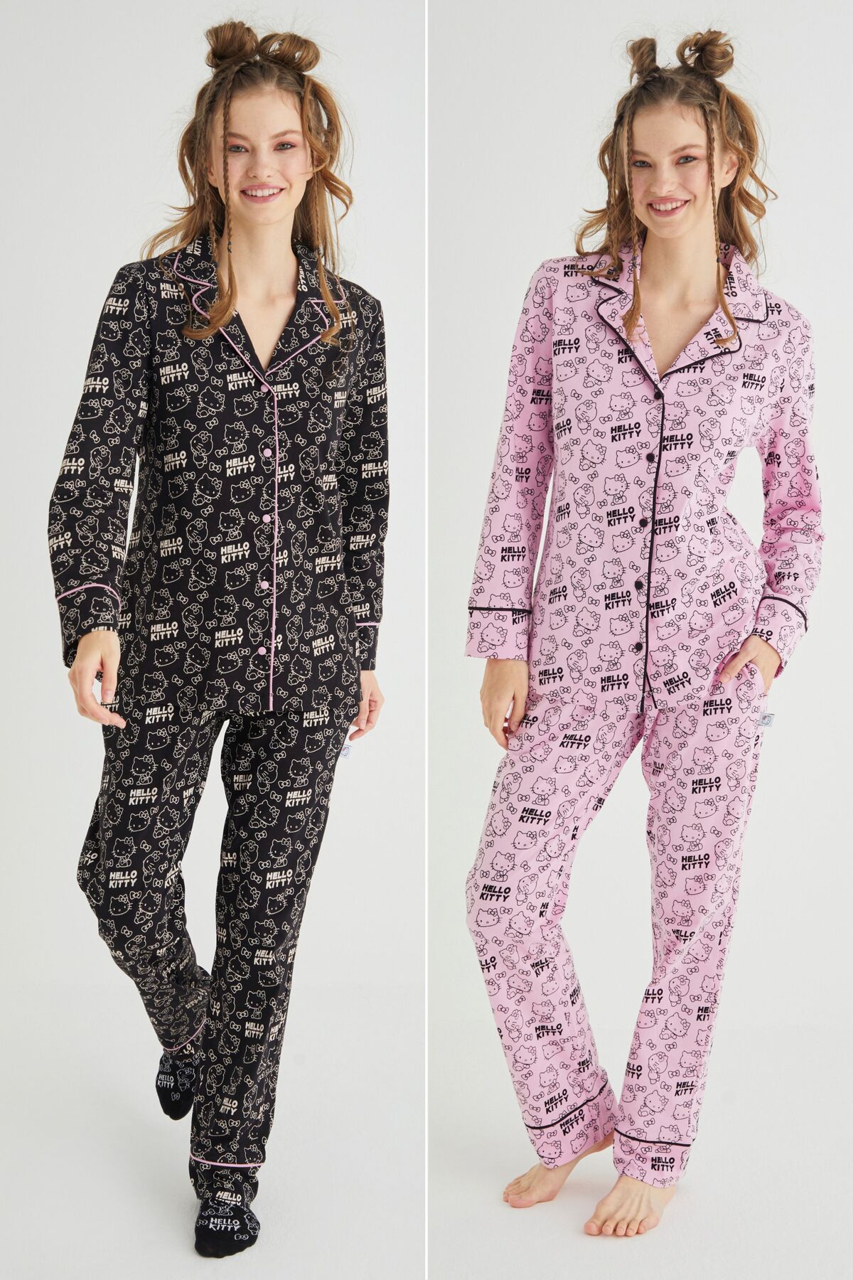 Hello Kitty Lisanslı Düğmeli Uzun Kol 100% Pamuklu 2'li Paket Pijama Takım Roz-53-54