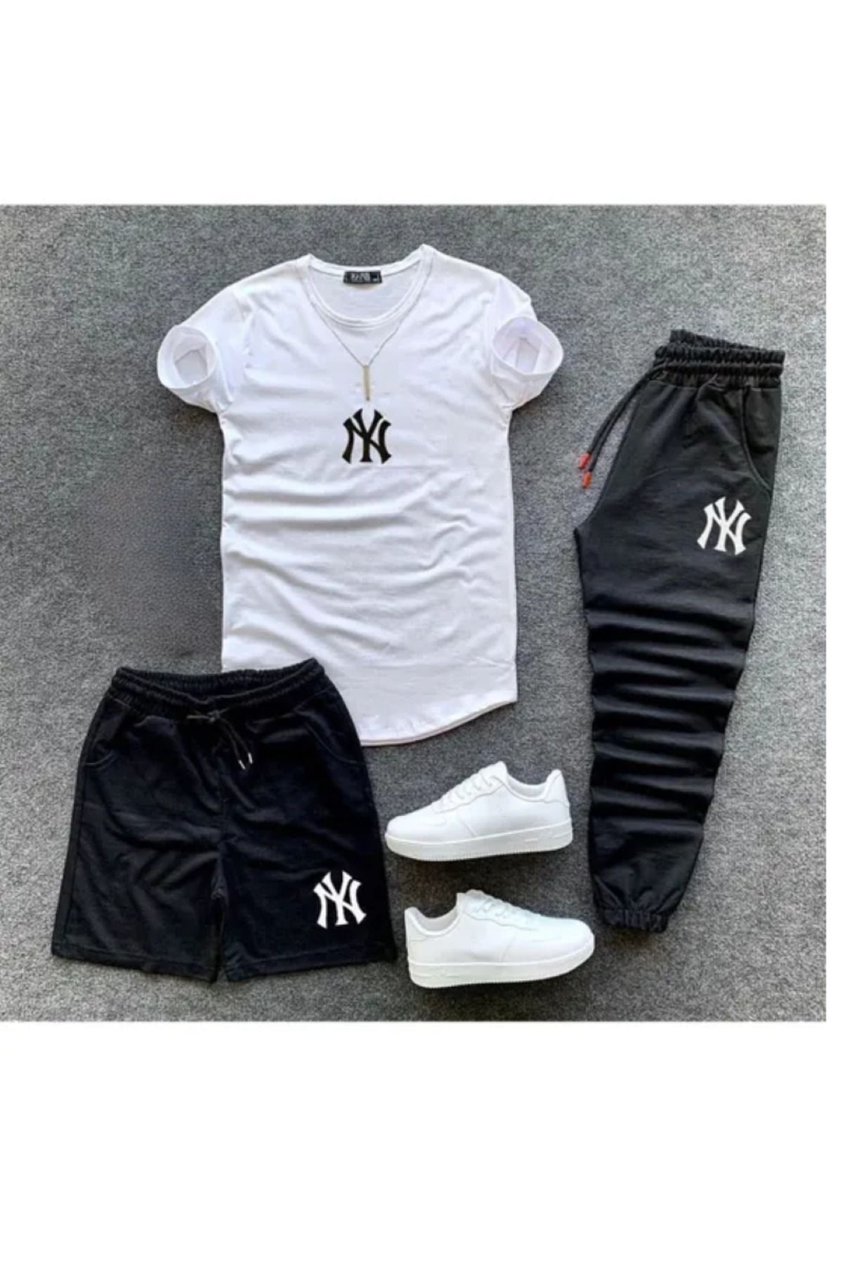 Genel Markalar NY Baskılı Original Ünisex Yazlık Şort T-shirt Eşofman Altı 3 lü Set Combin Takım