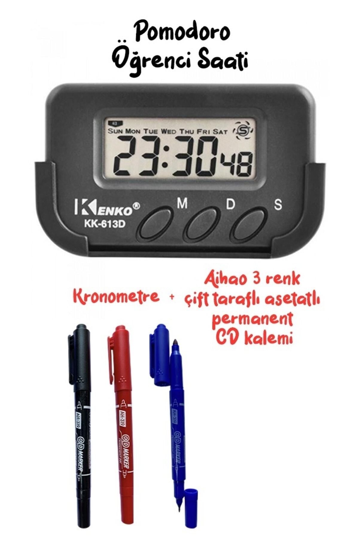 Kenko Pomodoro Öğrenci Saati Kronometreli Ders Çalışma Masa Saati+aihao 3 Renk Çift Taraflı Asetatlı Kalem