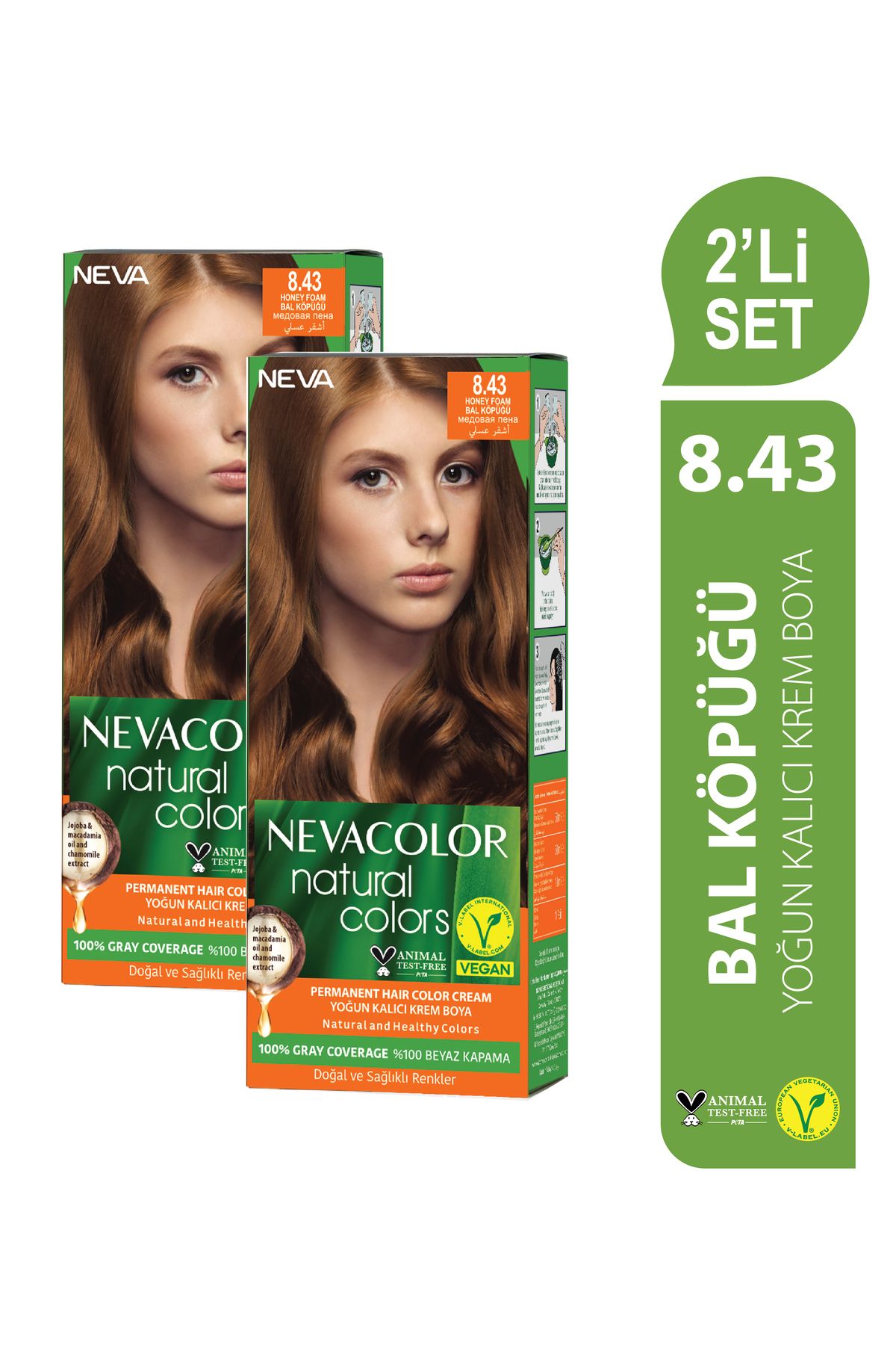 Neva Color Natural Colors 2'Lİ SET 8.43 BAL KÖPÜĞÜ Kalıcı Krem Saç Boyası Seti