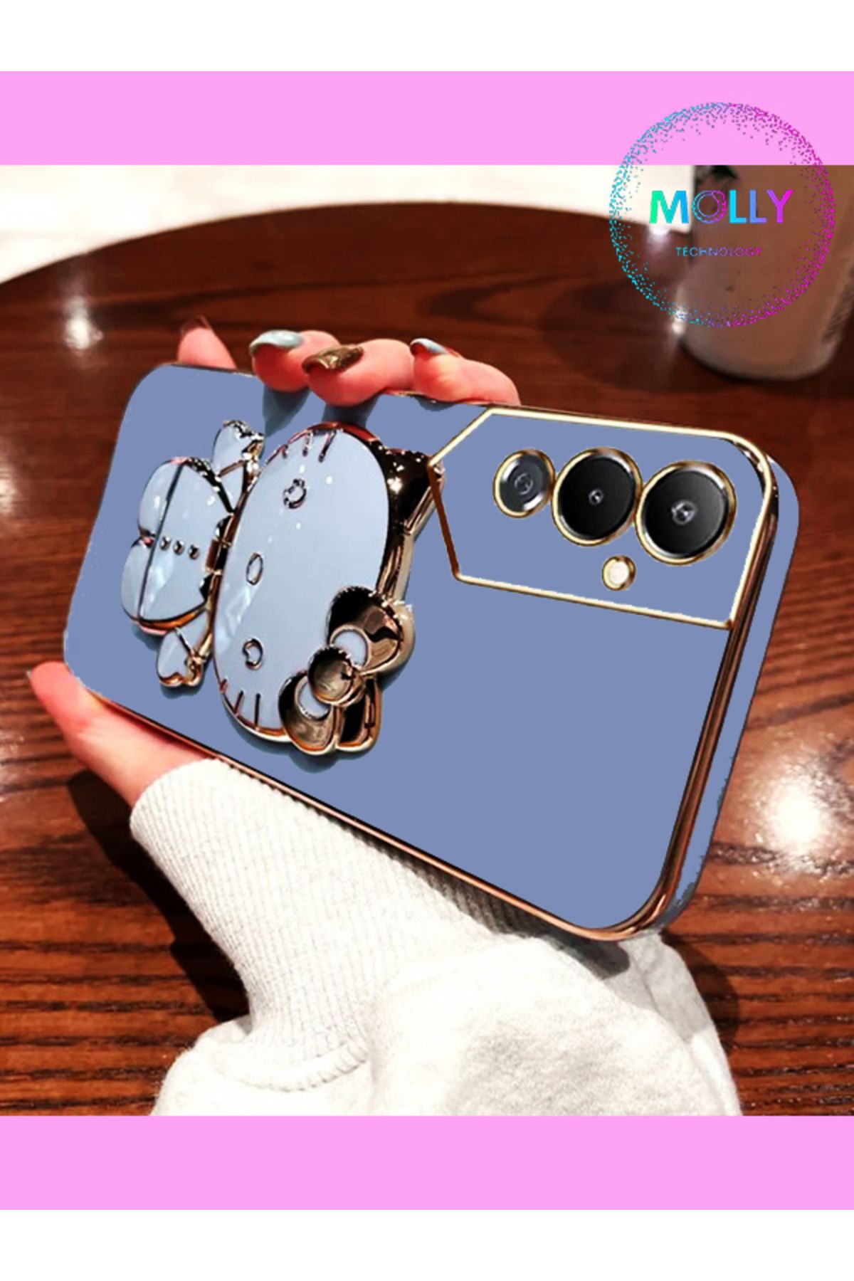 Molly Tecno Pova NEO 2 İçin Petrol Mavisi Hello Kitty Standlı Gold Detaylı Lüks Silikon Kılıf