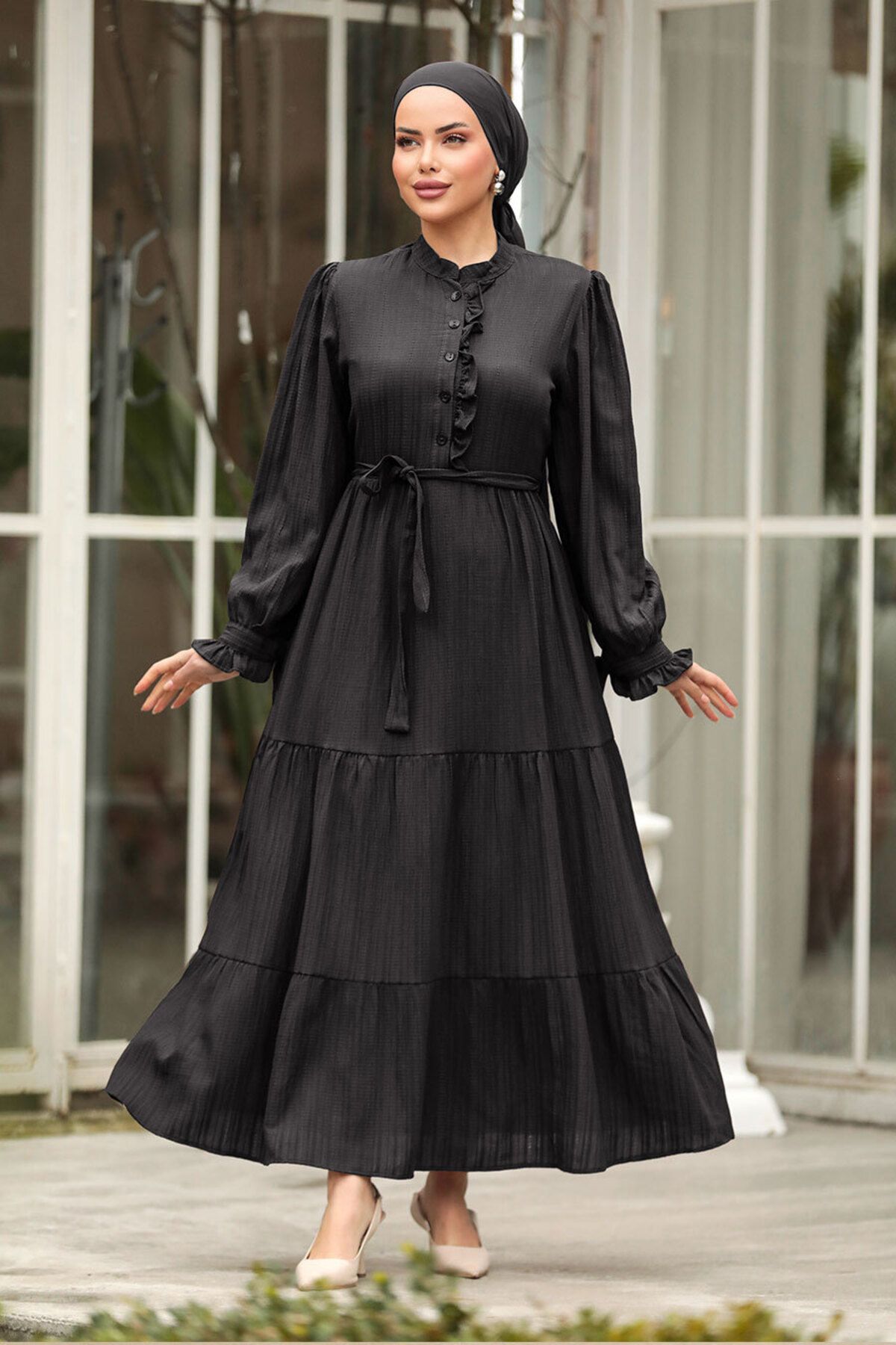 Neva Style - Kat Piliseli Siyah Tesettür Elbise 617s