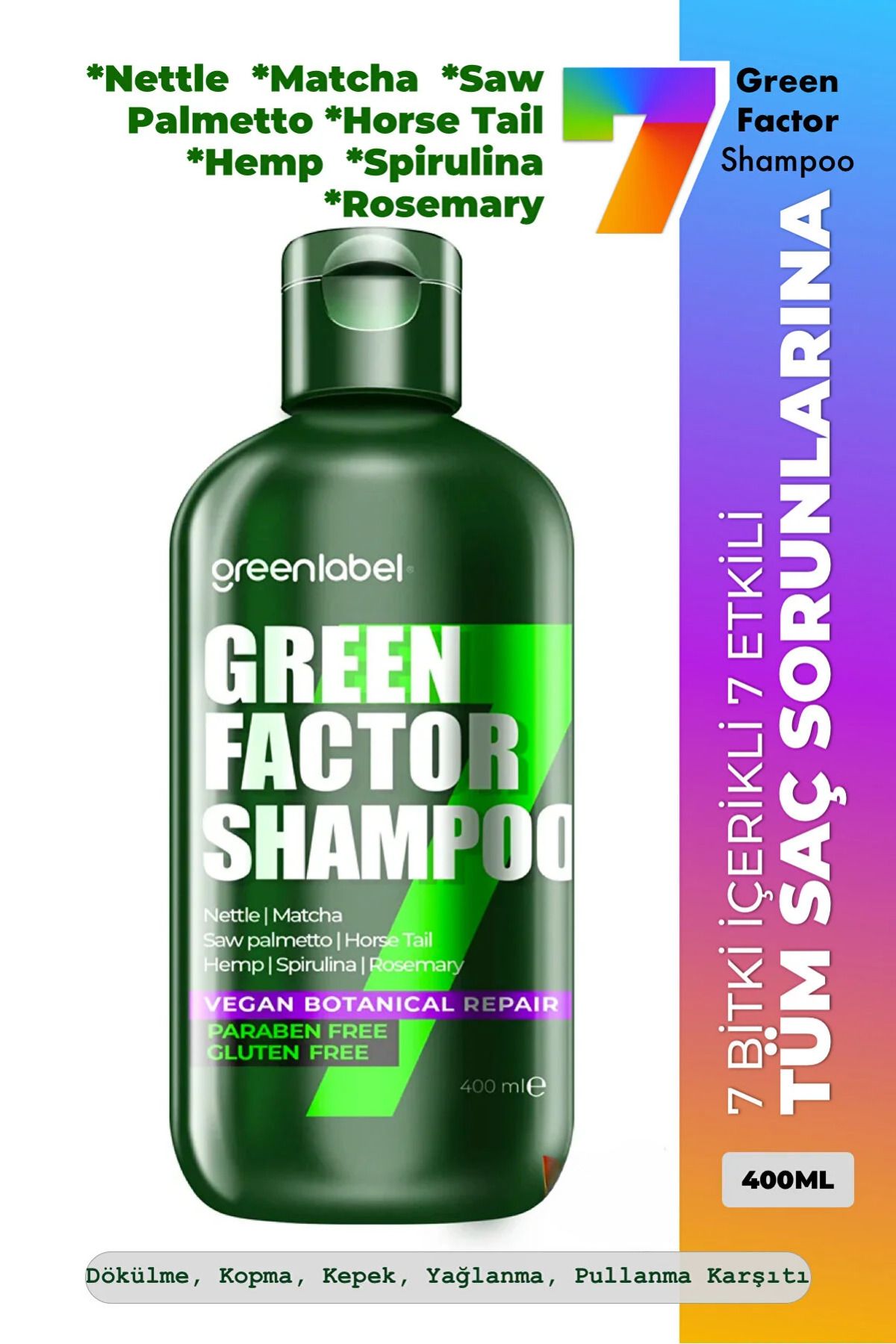 Green Label Green Factor 7 Bitkili Vegan Parabensiz Glutensiz Onarıcı Ve Yoğun Bakım Şampuanı 400ml.