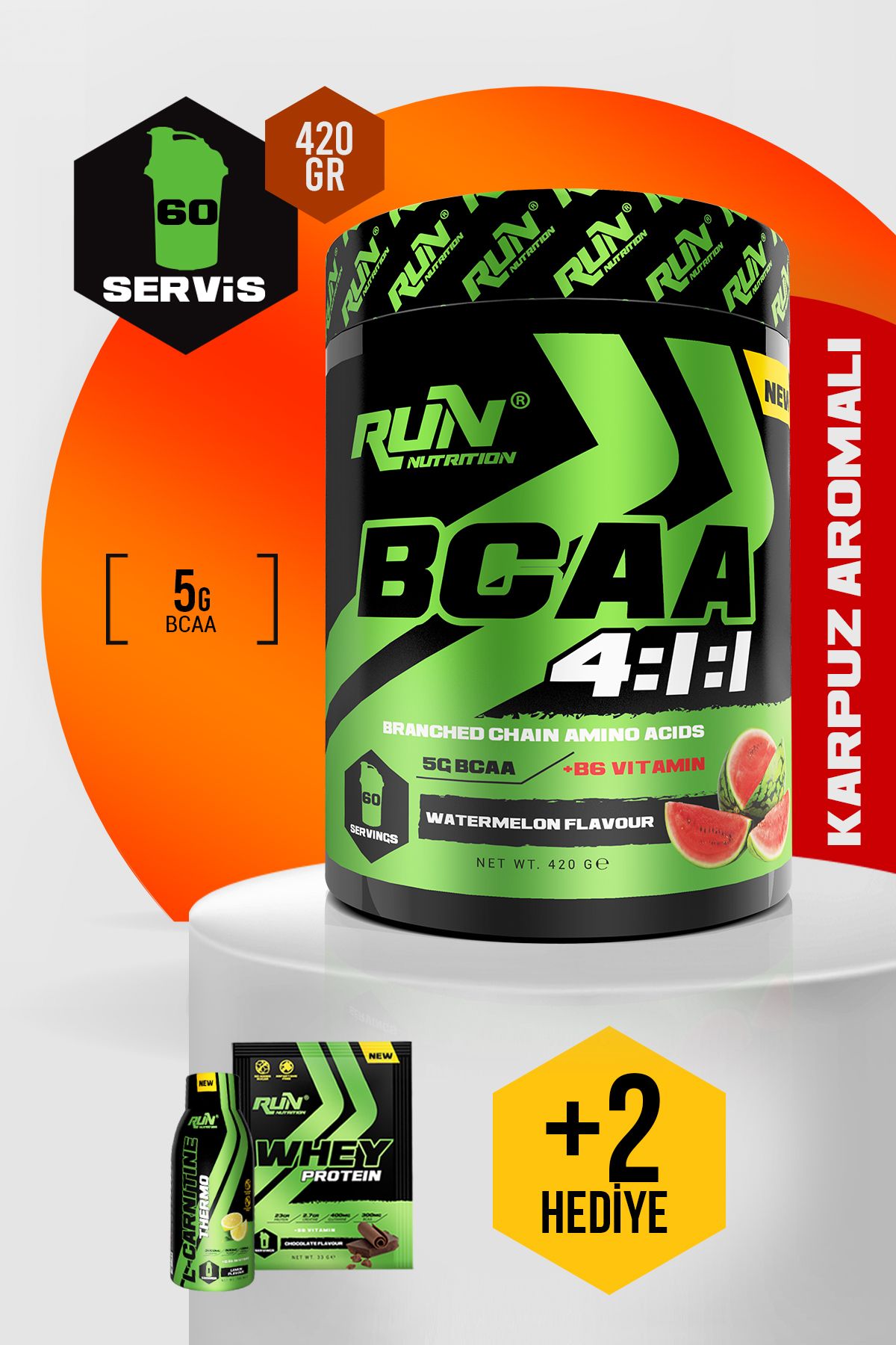Run Nutrition Bcaa 4.1.1 - Karpuz Aromalı - 420 gr - 60 Servis - Hediyeli