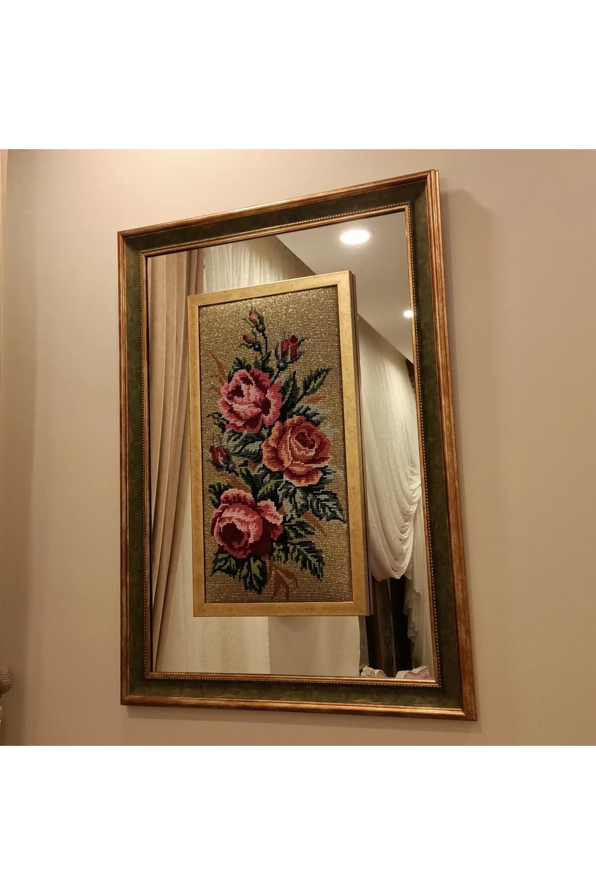 Sonay Bakırcılık Çiçek Desenli Simli Dokuma Ayna Çerçeveli Goblen Tablo cmxcm