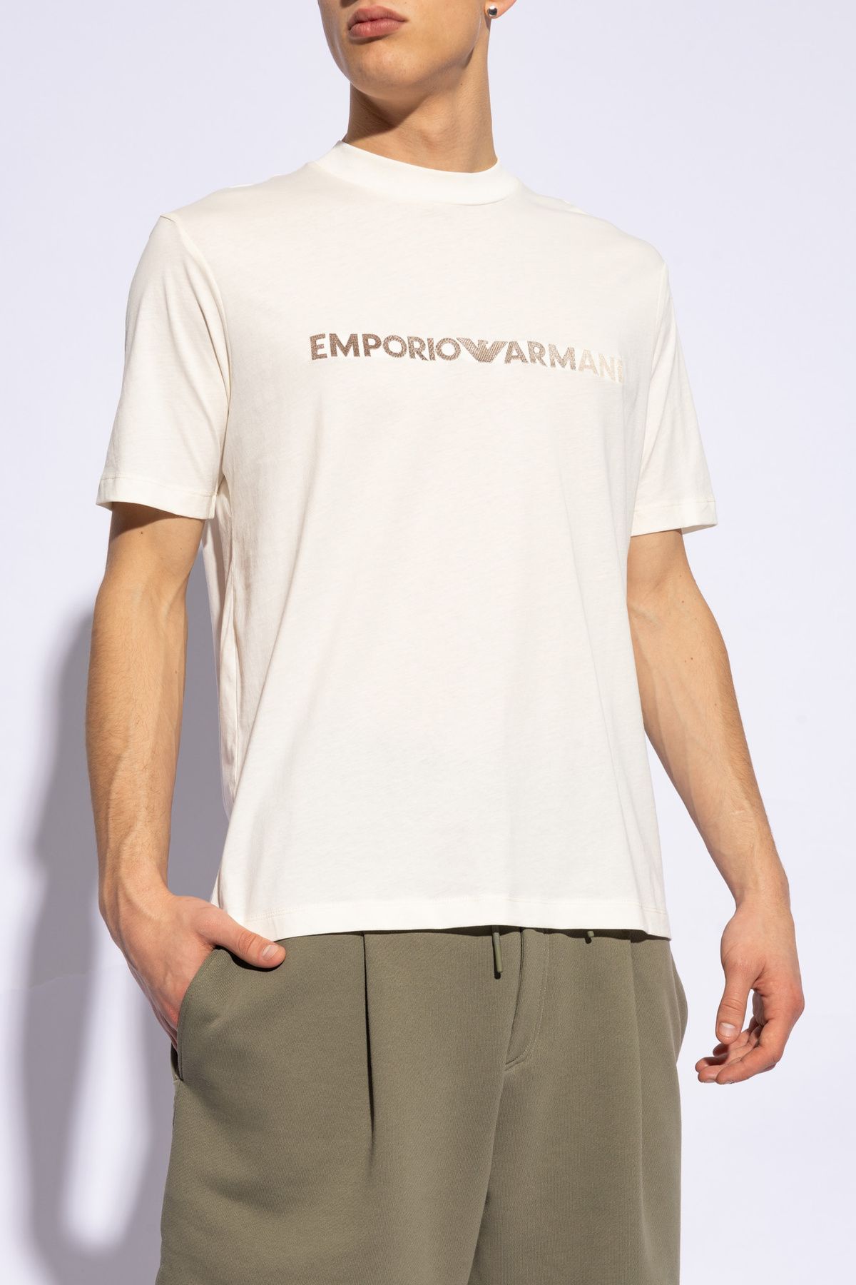 Emporio Armani Erkek Pamuklu Kısa Boy Rahat Kesim Günlük Ekru1 T-Shirt 3D1TG3 1JPZZ-01B1