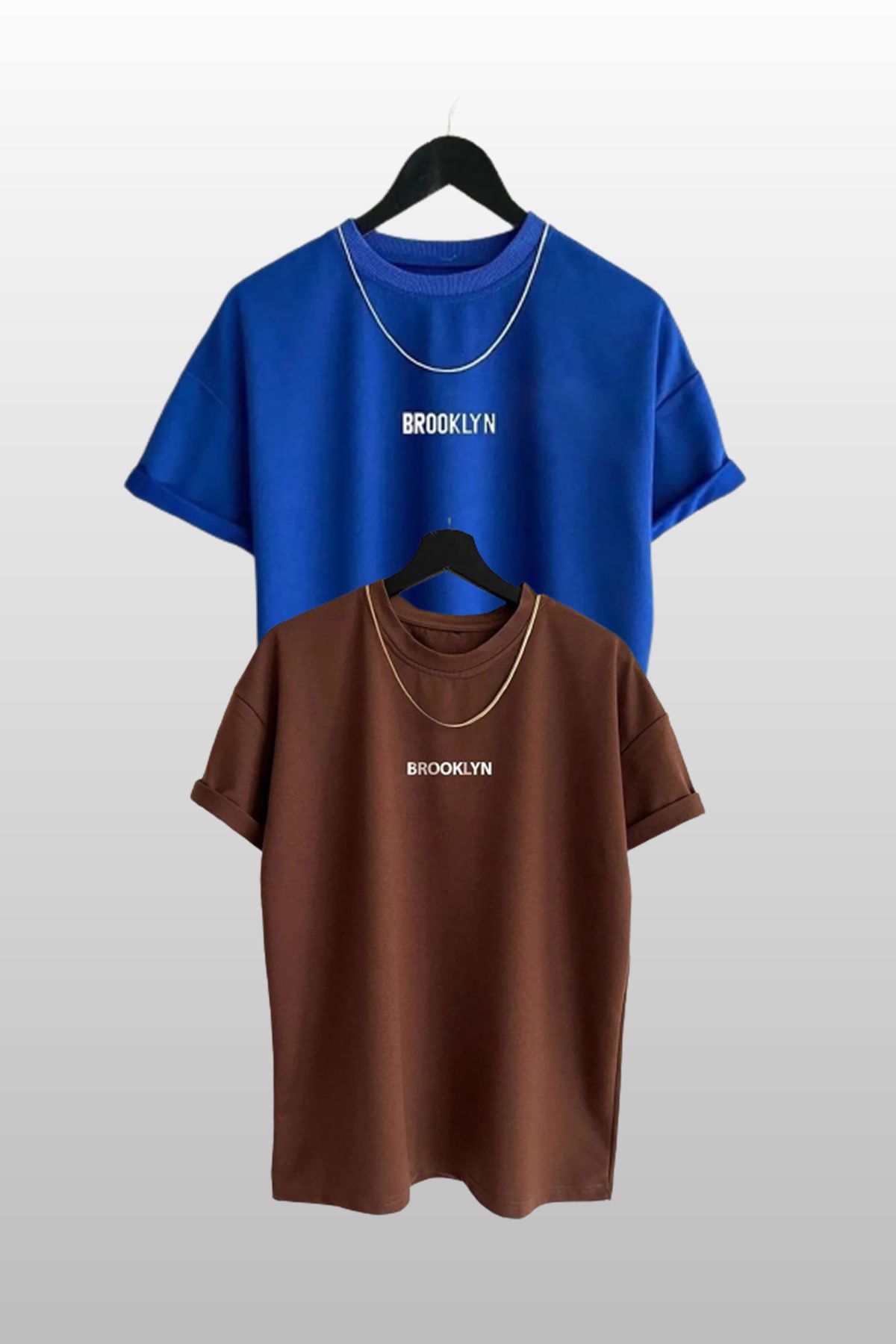 MODAGEN Unisex Brooklyn Baskılı 2li Paket Mavi-Kahve T-shirt