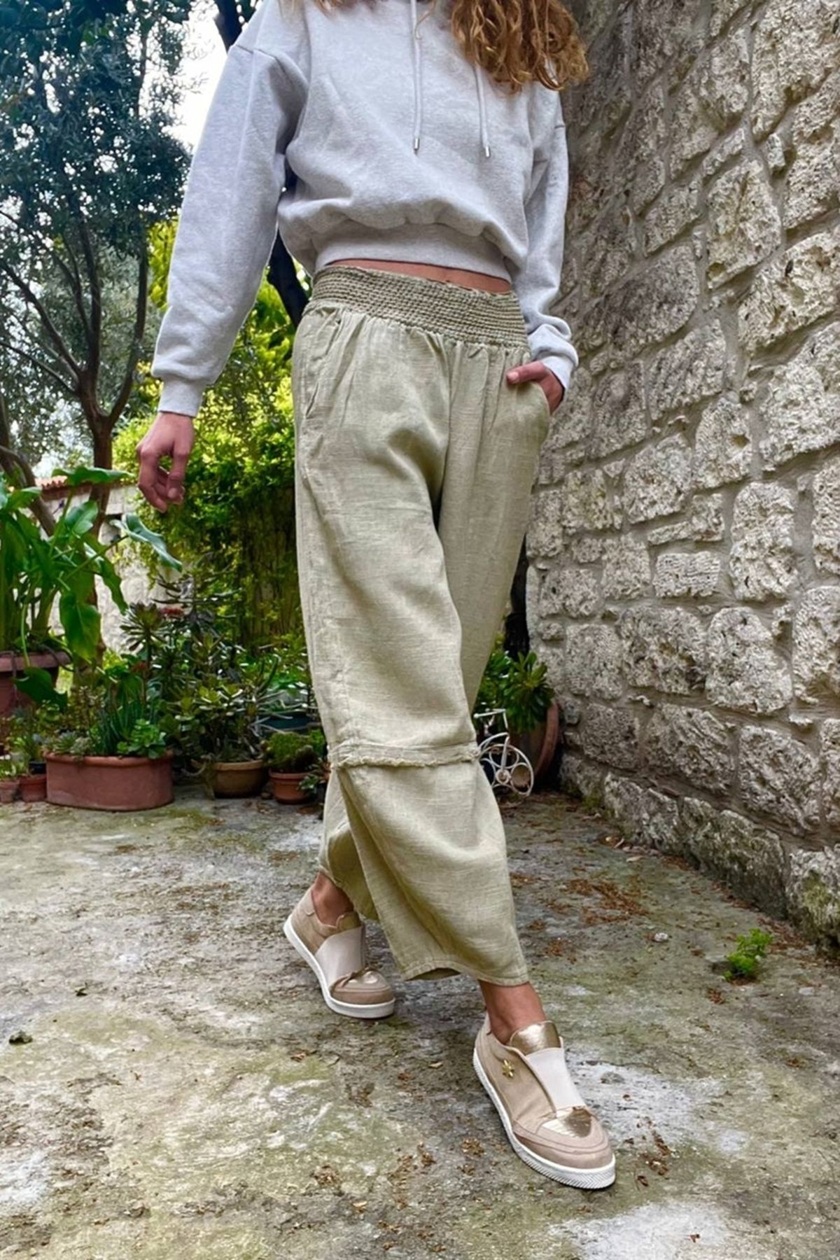Güneşkızı Kadın Haki Beli Lastikli Keten Görünümlü Yıkamalı Cepli Salaş Şalvar Pantolon RSD1230