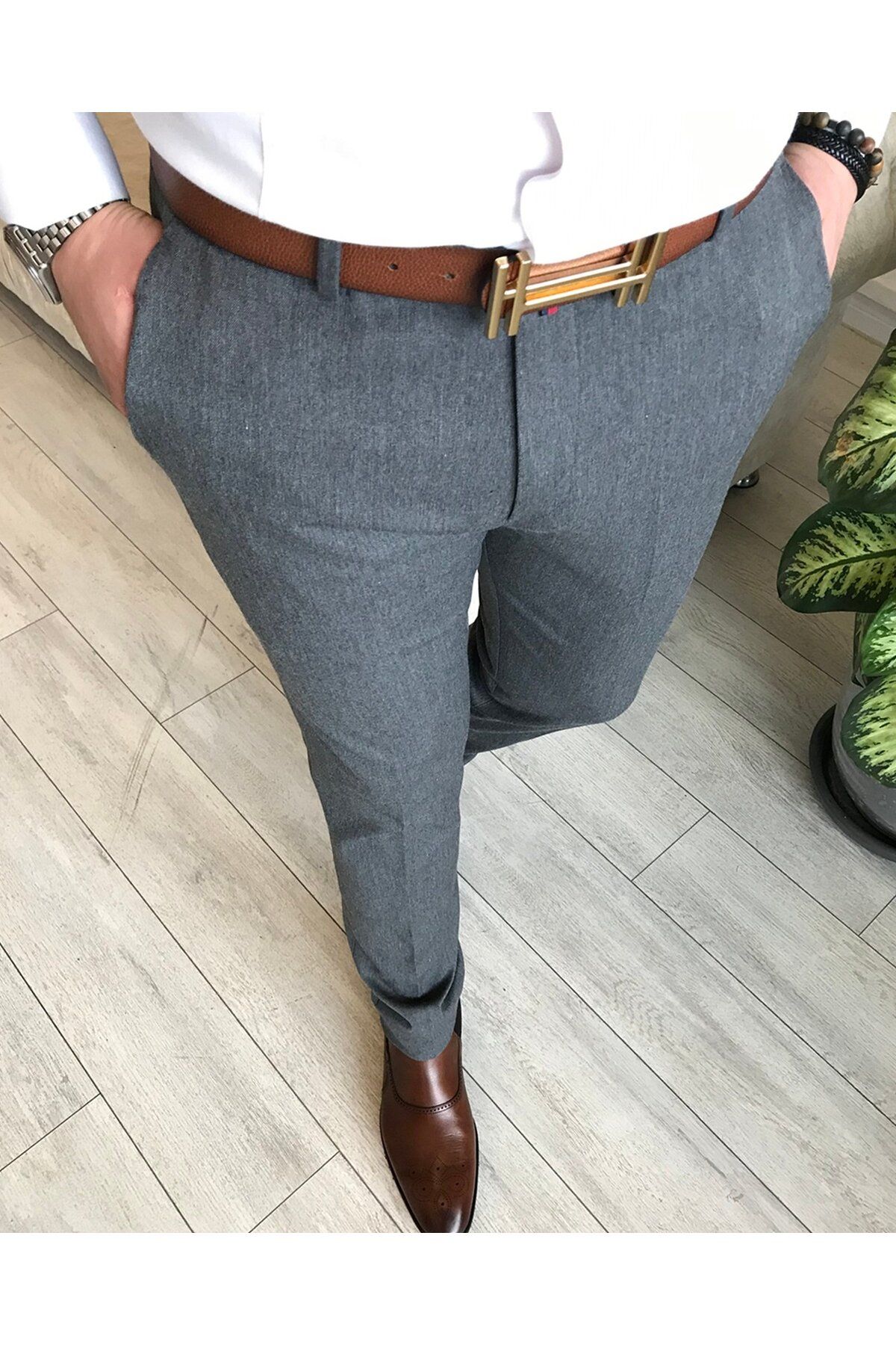 TerziAdemAltun İtalyan Stil Slim Fit Erkek Kumaş Pantolon Antrasit T4493