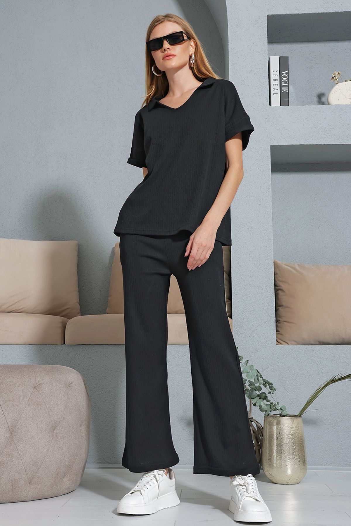 VAGGON Kadın Siyah Gömlek Yaka Oversize Bluz Ve Yüksek Bel Pantolon Takım Prm0774