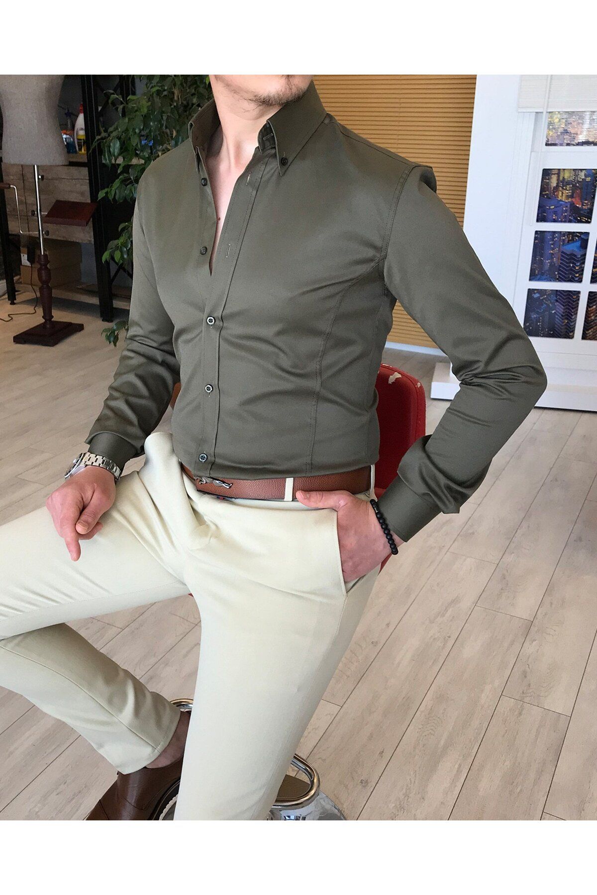 TerziAdemAltun Italyan Stil Slim Fit Dik Yaka Saten Erkek Gömlek Haki T4745
