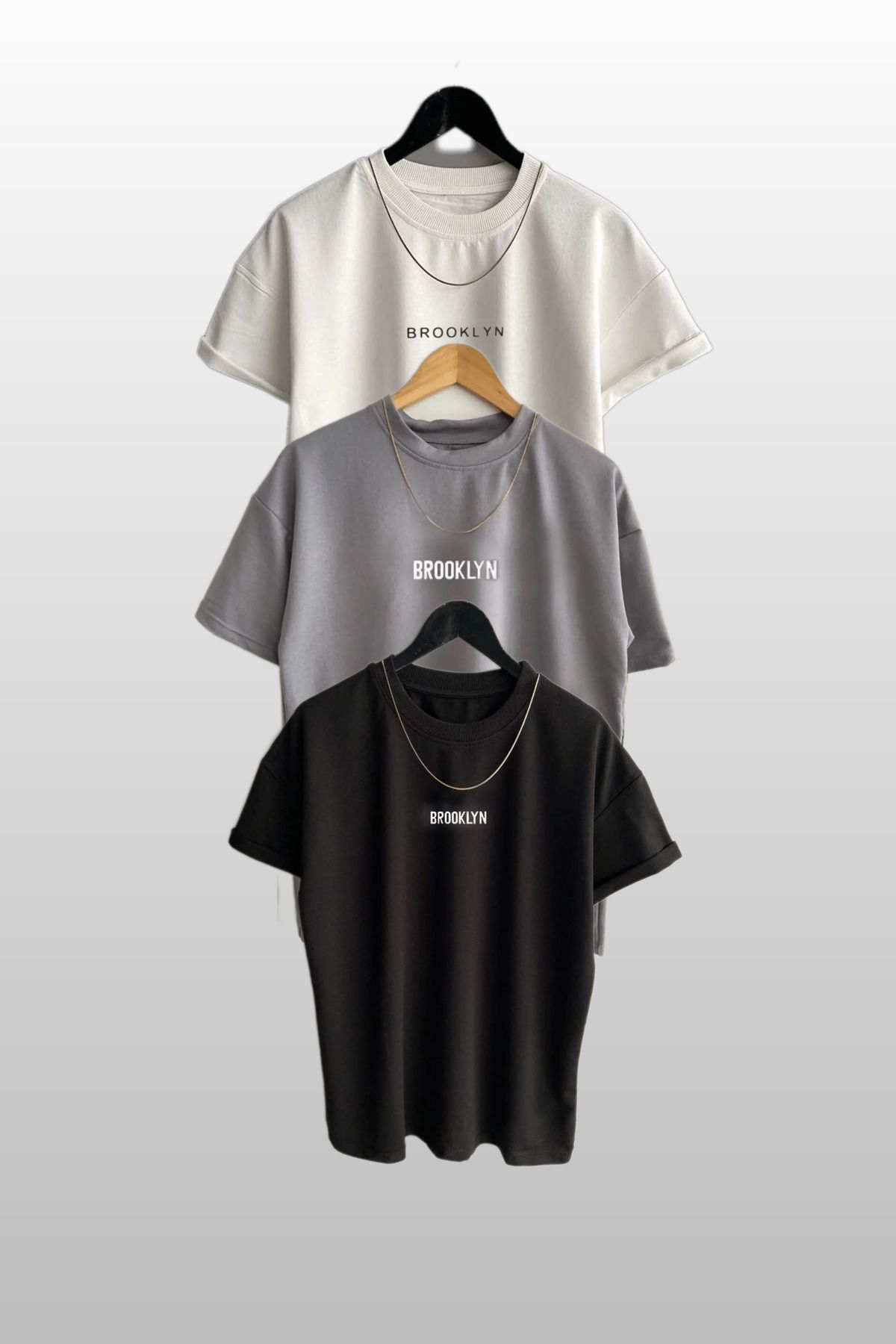 MODAGEN Unisex Brooklyn Baskılı 3lü Paket Siyah-Beyaz-Gri T-Shirt