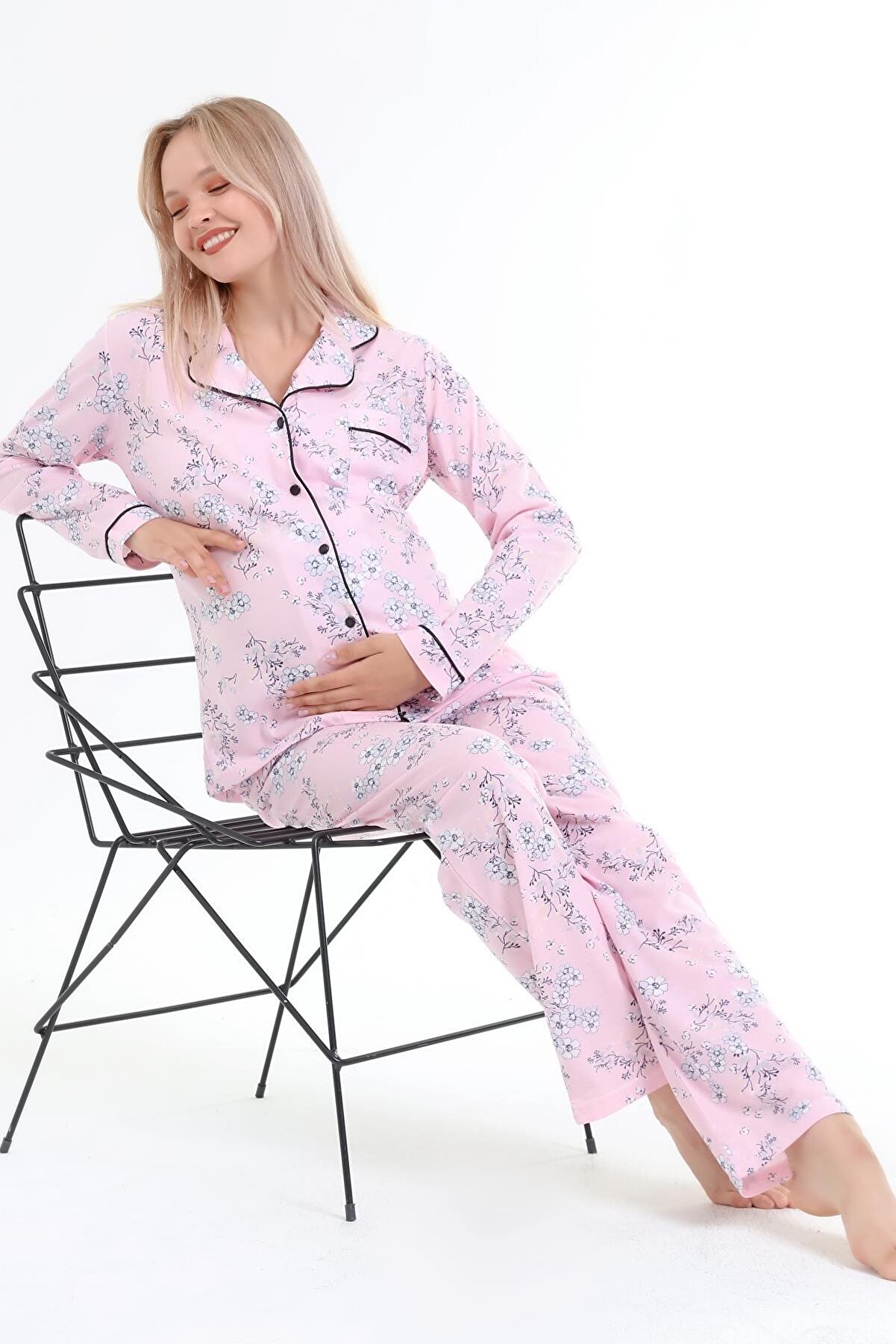LİKAPA Likapa Penye Önden Düğmeli Hamile Lohusa Uzun Kol Pijama Takımı