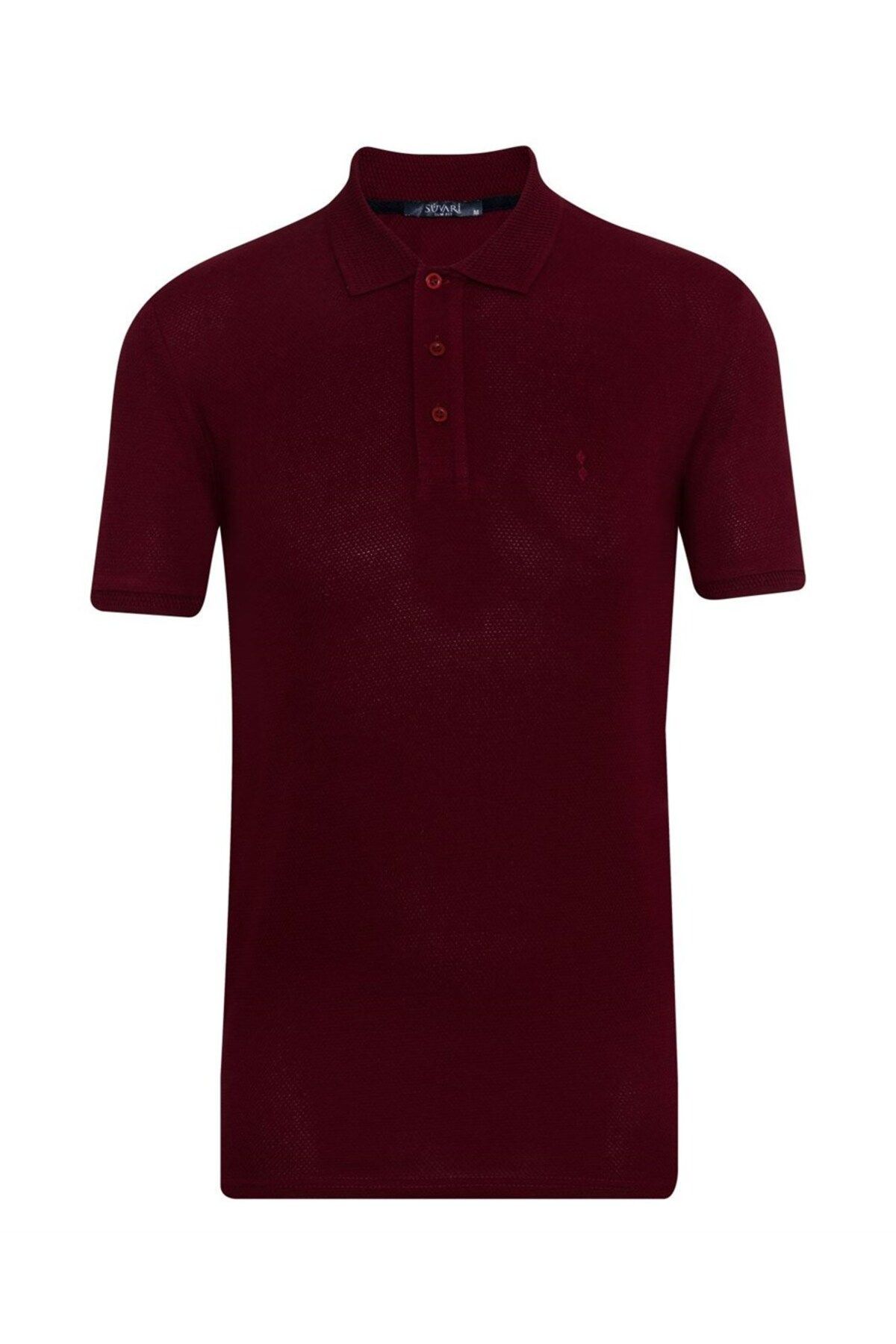 SÜVARİ Süvari Büyük Beden Petek Desenli Polo Yaka Bordo Tshirt