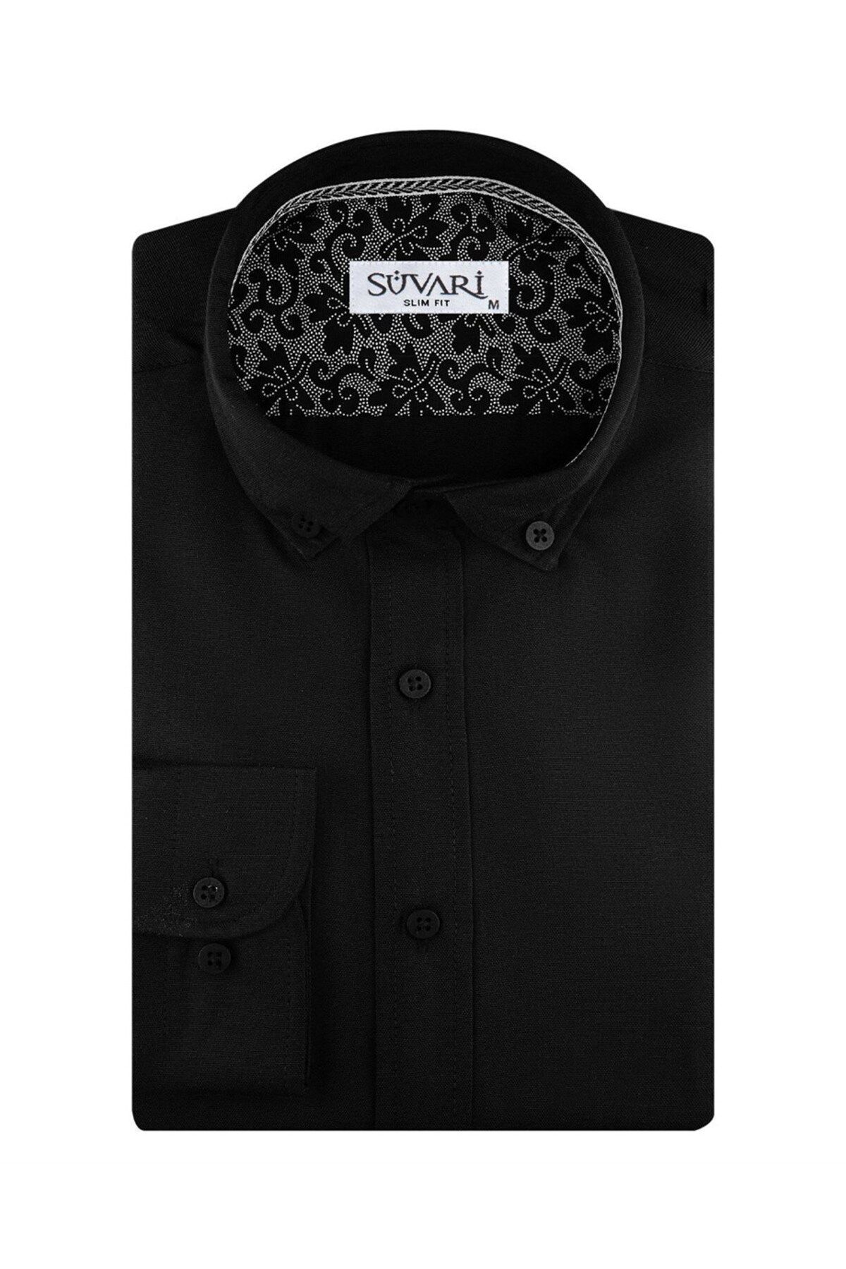 SÜVARİ Süvari Dar Kesim Oxford Uzun Kol Siyah Gömlek