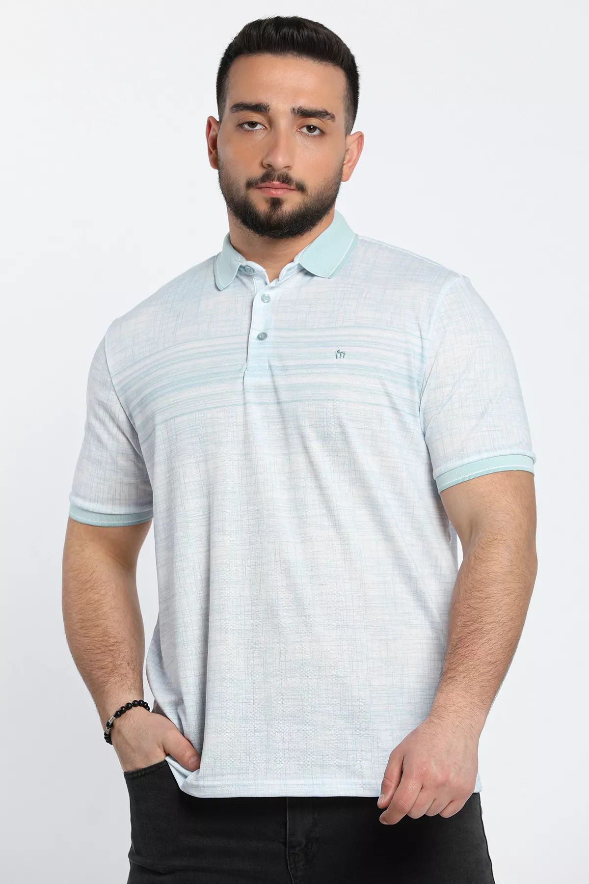 Julude Mint Polo Yaka Ön Düğme Detaylı Dijital Baskı Likralı Erkek Tişört