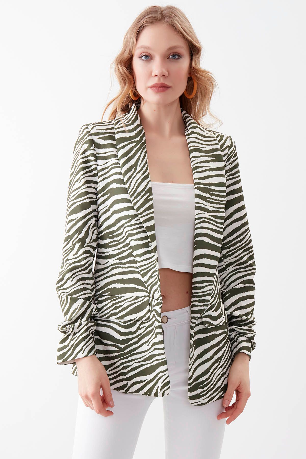 Vitrin Uzun Yaka Detaylı Kol Büzgülü Zebra Desen Blazer Ceket