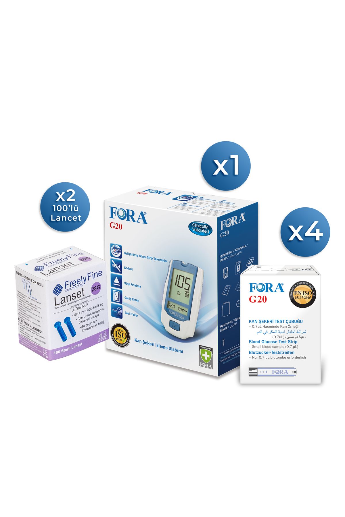 FORA G20 Şeker Diabet Ölçüm Cihazı + 200 Strip + 200 Lancet Parmak Delme İğnesi