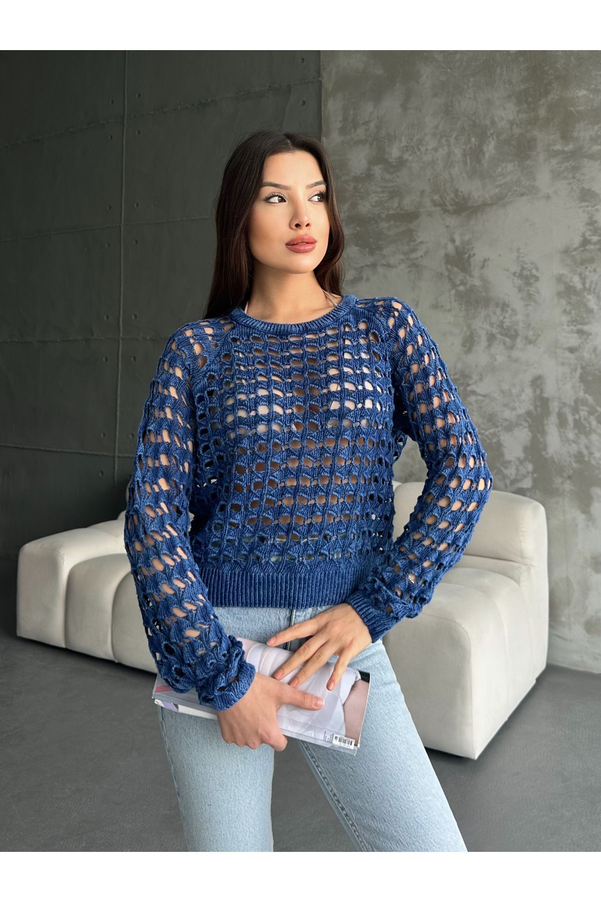vivario Kadın Yıkamalı Soluk Efektli Ajurlu Triko Bluz