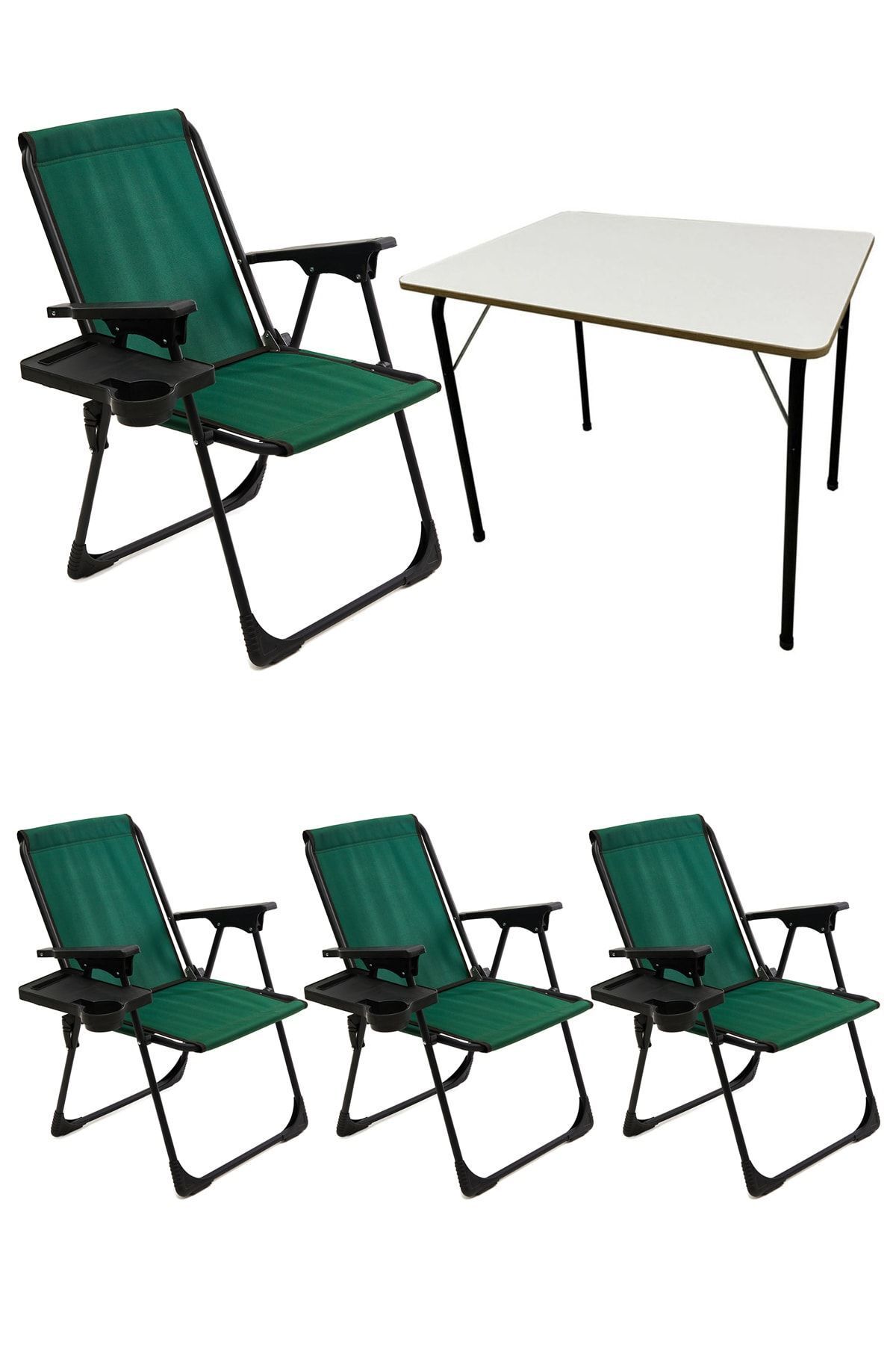 moniev Natura 4 Adet Kamp Sandalyesi Katlanır Sandalye Dikdörtgen Bardaklıklı Yeşil Katlanır Mdf Masa