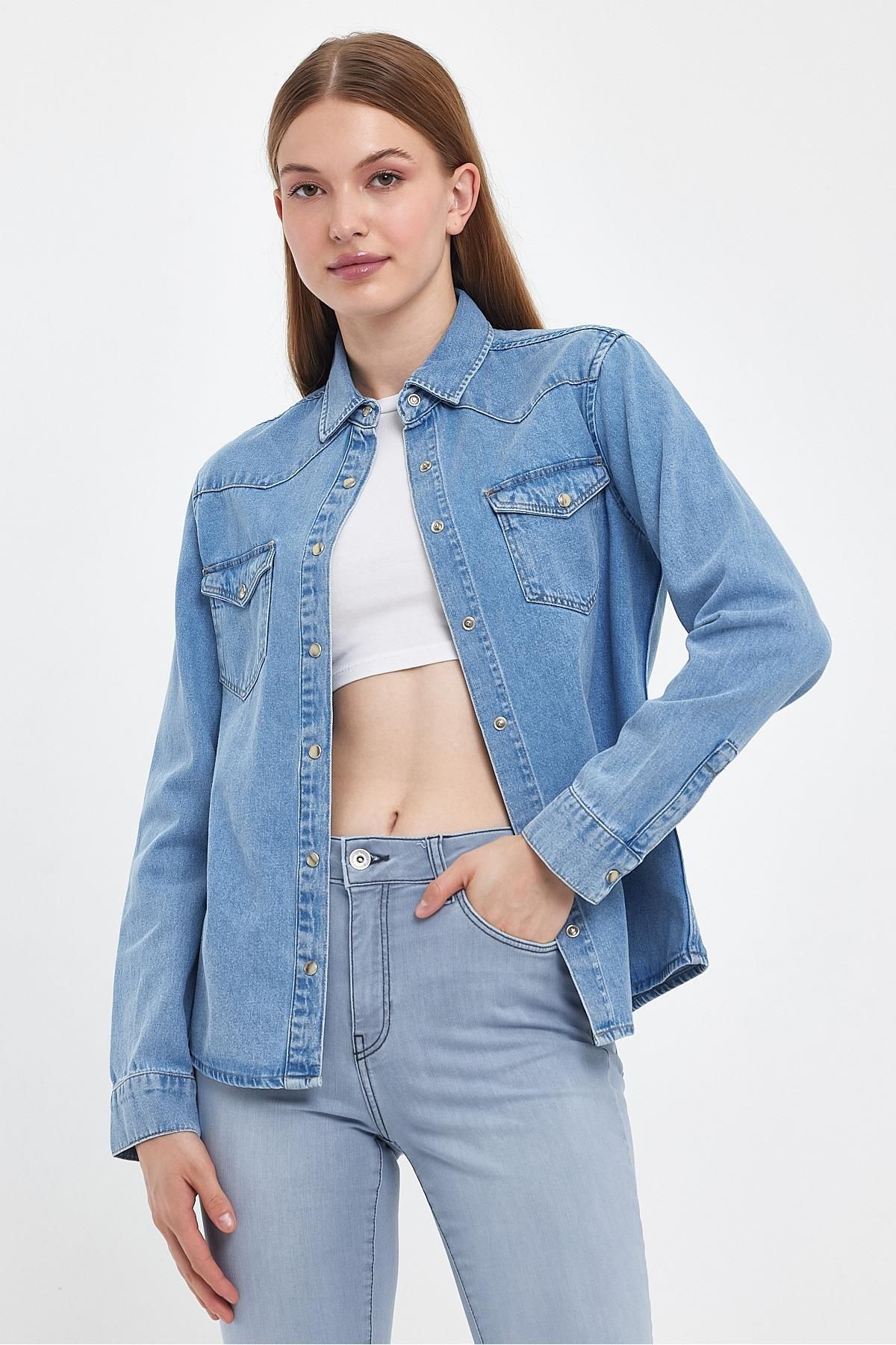 VENA Kadın Sydney Med Blue Slim Fit Jean Gömlek