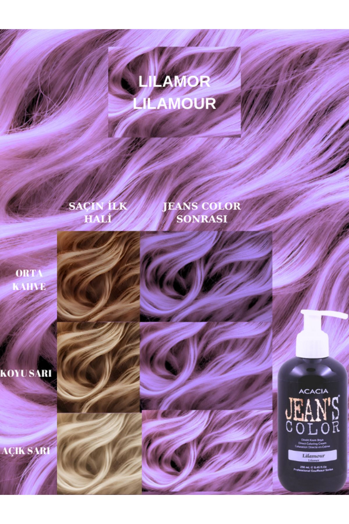 jeans color Amonyaksız Renkli Saç Boyası Lilamor 250ml. Kokusuz Su Bazlı Lilamour Hair Dye