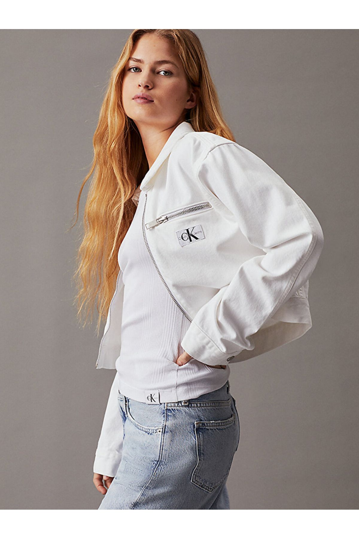 Calvin Klein Cropped Zip Up Denim Jacket