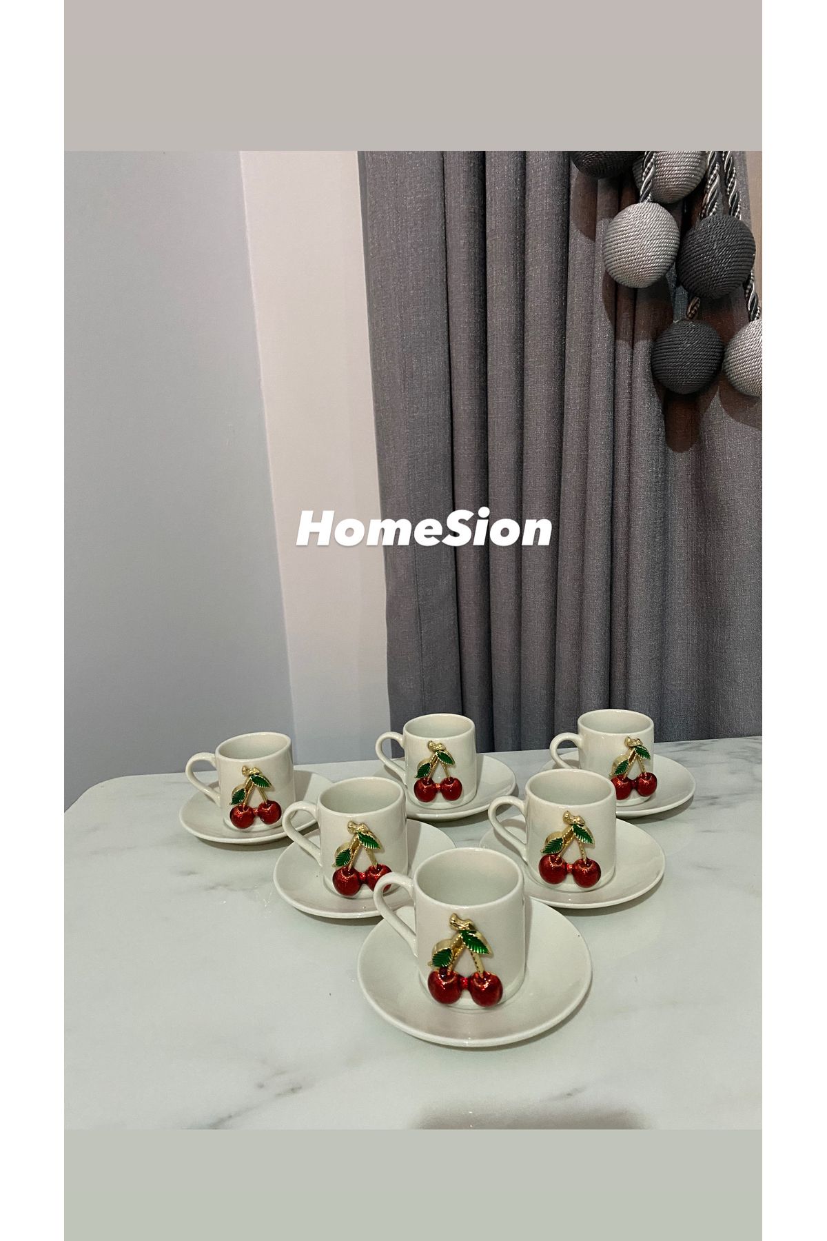 homesion 6 Lı Kirazlı Kahve Fincanı Dekor 6 Kişilik Kirazlı Fincan Seti