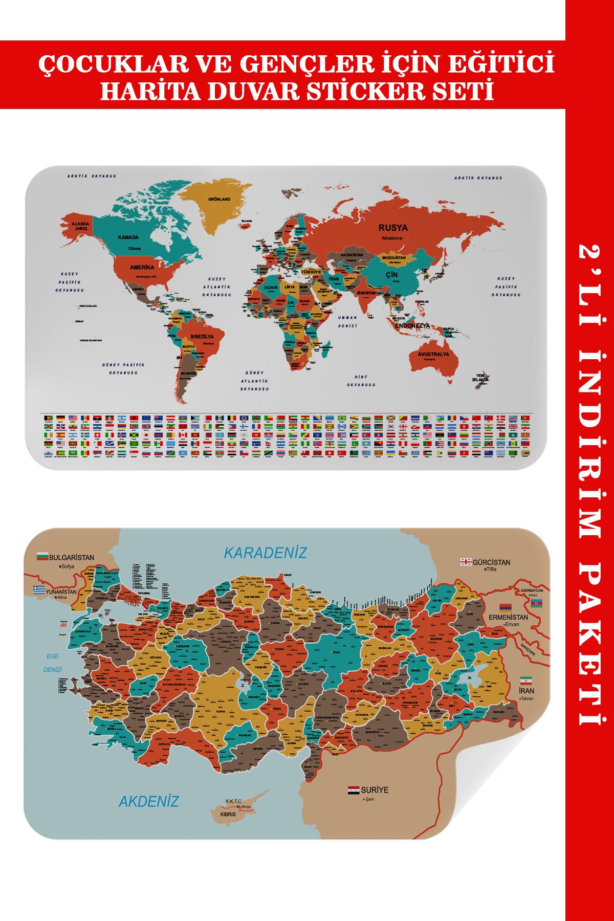 YE LOTUS Lts seri001 Eğitici - Öğretici Dünya ve Türkiye Haritası Çocuk Odası Duvar Sticker-85x130-3886