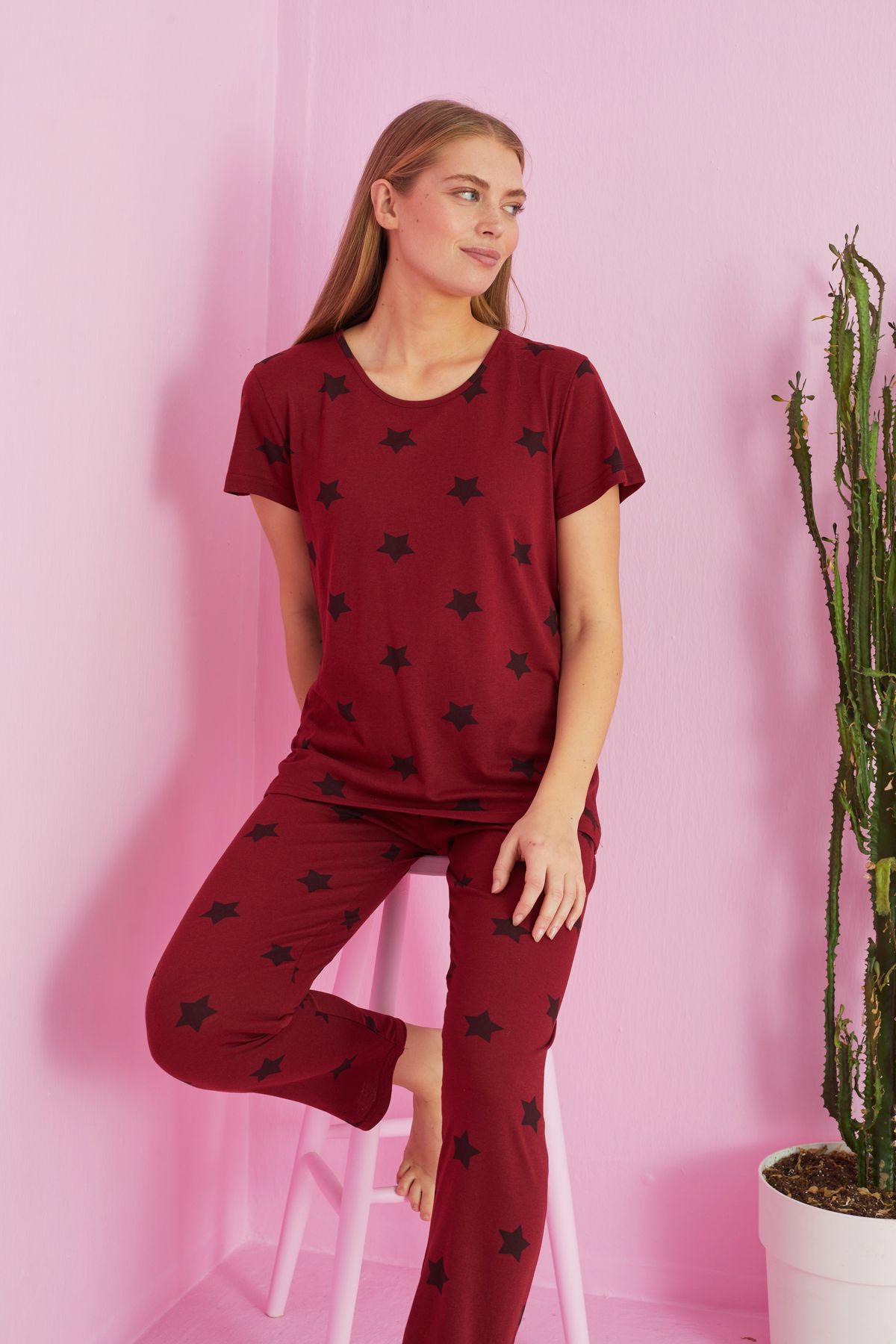 Siyah İnci bordo yıldız desenli Örme Pamuklu Pijama Takımı