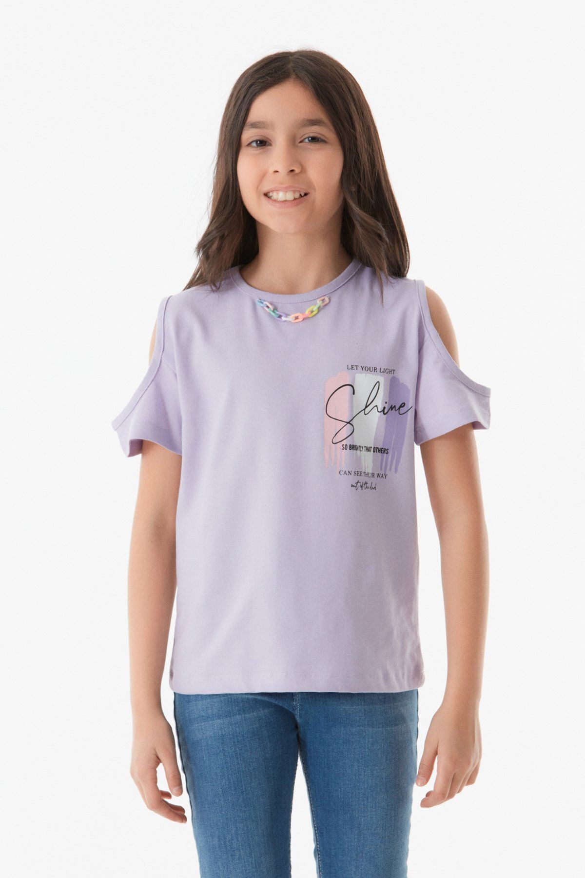 Fullamoda Baskılı Omuz Pencereli Kız Çocuk Tişört